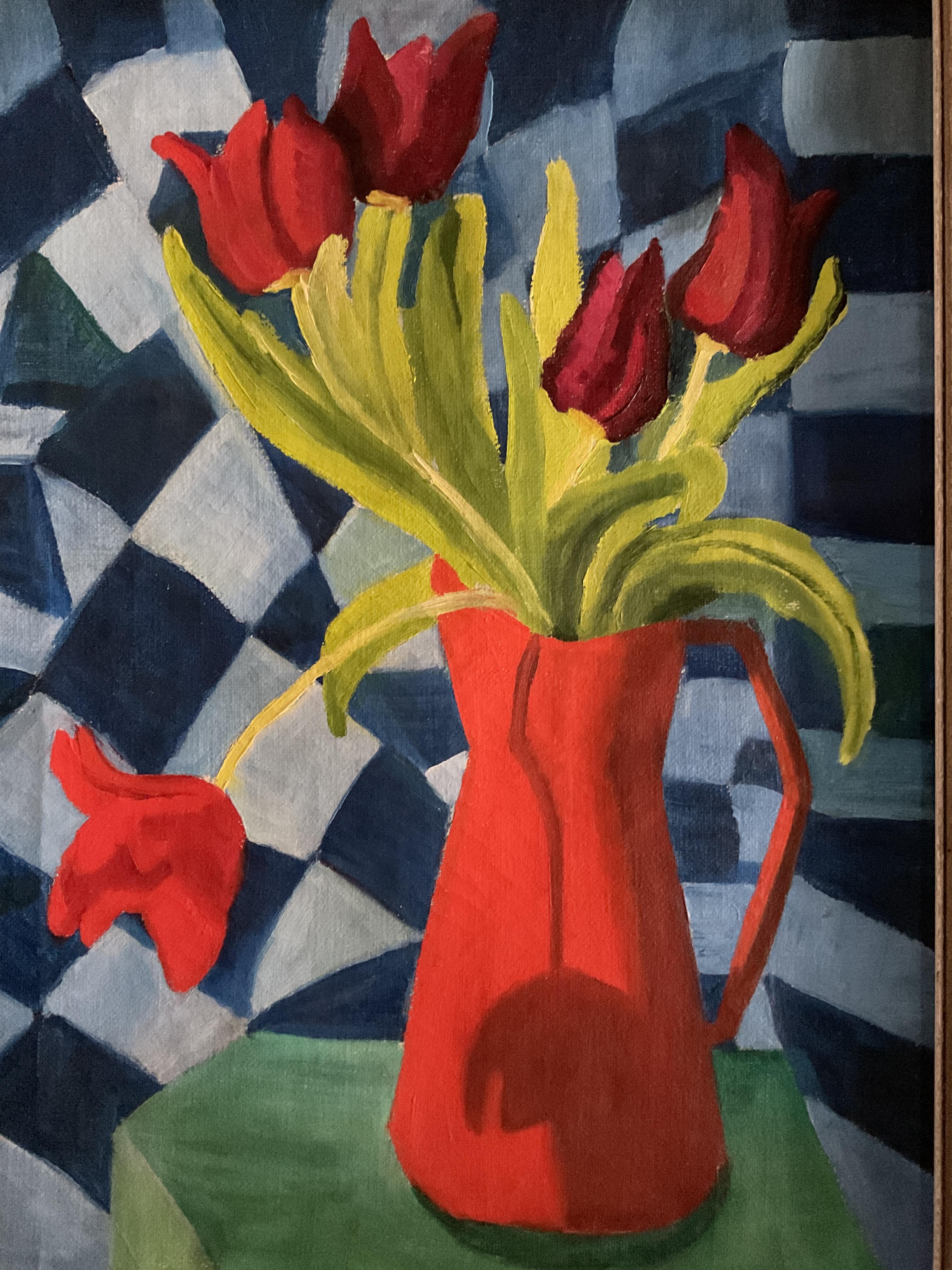 Natura morta modernista d'epoca con tulipani, Scuola americana, olio su tela, 1956 - Painting di Unknown