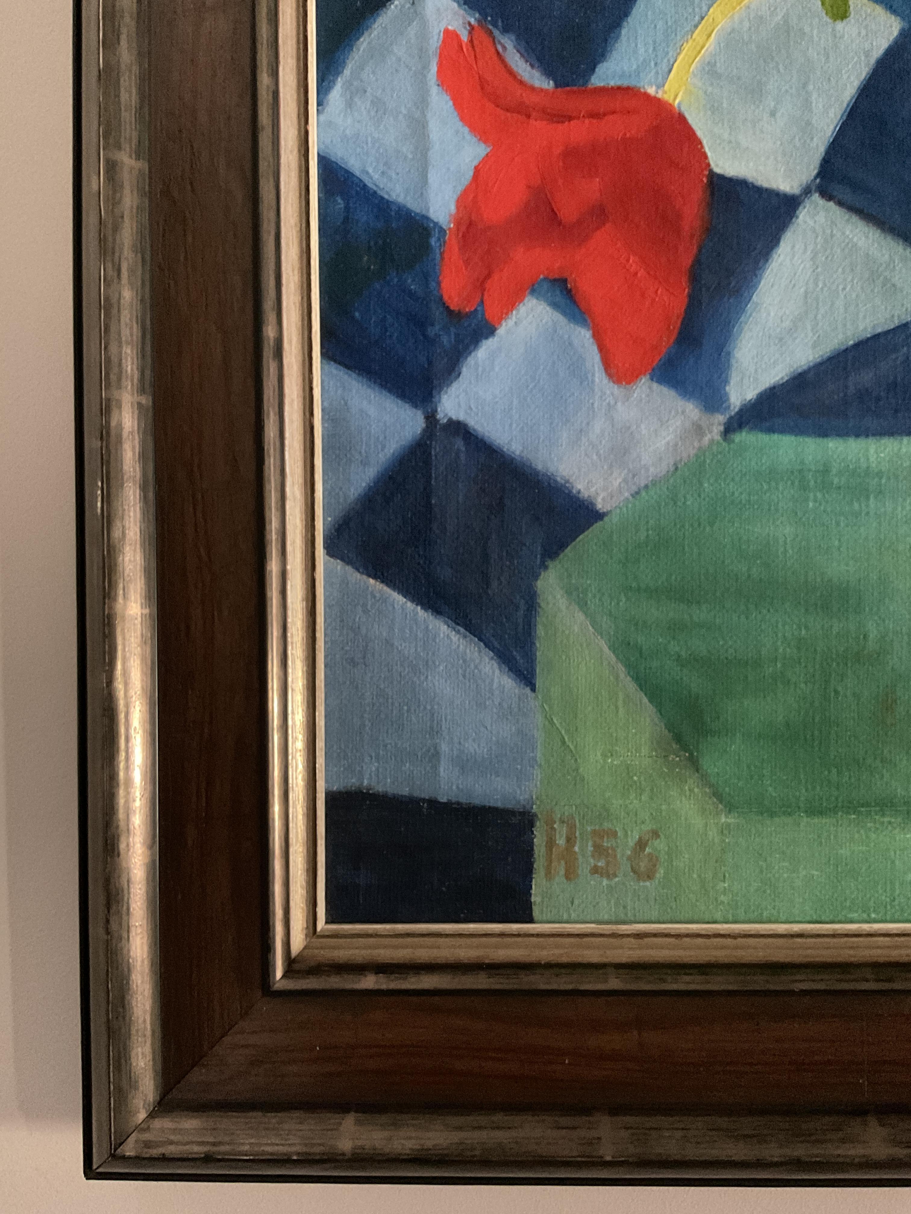 Natura morta modernista d'epoca con tulipani, Scuola americana, olio su tela, 1956 - Painting American Modern di Unknown