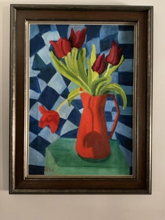 Bodegón modernista vintage de tulipanes, escuela americana, óleo sobre lienzo, 1956
