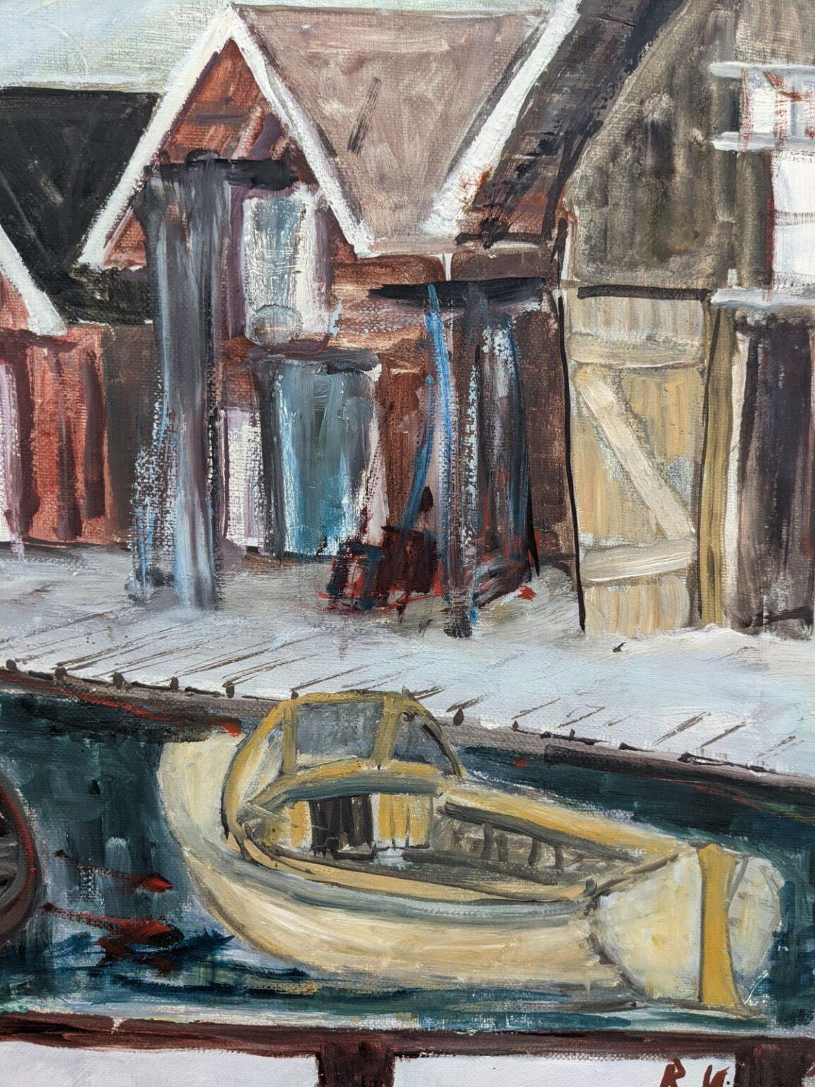 THE MARINA
Size: 49 x 57 cm (including frame)
Oil on canvas

A visually pleasing and charming modernist oil painting depicting a scene of a marina with several boats, and a row of huts that lined by the waterfront promenade.

The artist has used a