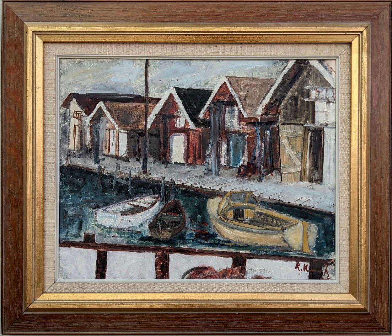 Unknown Landscape Painting - Vintage Modernist Style Coastal Scape Swedish Oil Painting - The Marina