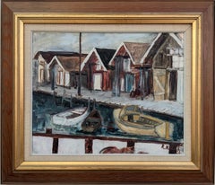 Vintage Modernist Style Coastal Scape Swedish Oil Painting - The Marina