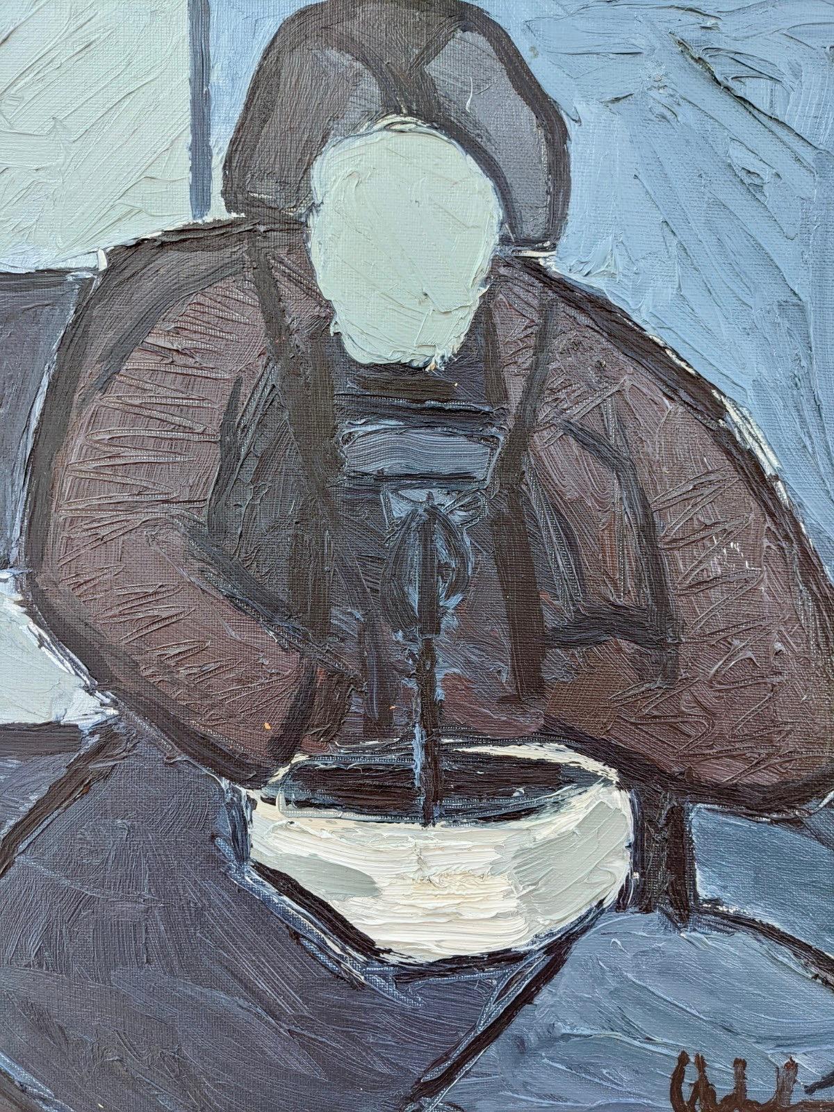 LADY WITH BOWL
Size: 48 x 40 cm (including frame)
Oil on Canvas

A well-executed and impactful mid 20th century semi-abstract blue oil portrait, depicting a lady seated cross-legged and holding a white bowl.

The style of the painting is typically