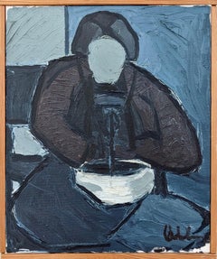 Vintage Modernist Style Figurative  Framed Art Oil Painting - Lady with Bowl