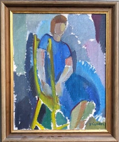 Vintage Modernist Style Figurative Portrait Oil Painting - Seated in Blue