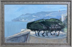 Vintage Modernist Style Framed Coastal Scape Oil Painting - The Mediterranean