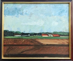 Vintage Modernist Style Swedish Framed Landscape Oil Painting - Field Houses