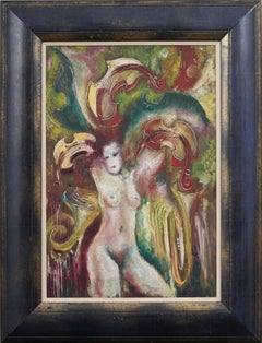 Vintage Modernist Surreal Mardi Gras Framed Nude Woman Cubist Portrait Painting