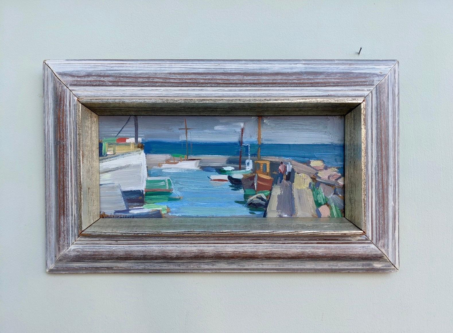 Vintage Modernist Swedish Abstract Seascape Oil Painting - Harbour Boardwalk - Gray Landscape Painting by Unknown