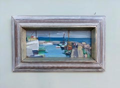 Vintage Modernist Swedish Abstract Seascape Oil Painting - Harbour Boardwalk