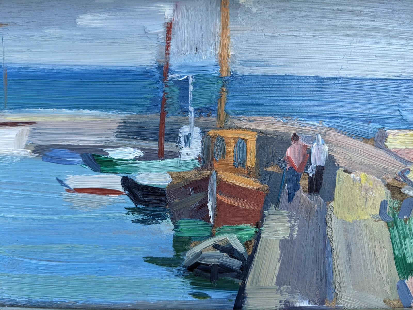 HARBOUR BOARDWALK
Size: 29 x 48 cm (including frame)
Oil on Board

A soothing semi-abstract mid century oil painting depicting a coastal harbour. The painting is well balanced with equal visual weight as boats sit on the left on the artwork, and 2