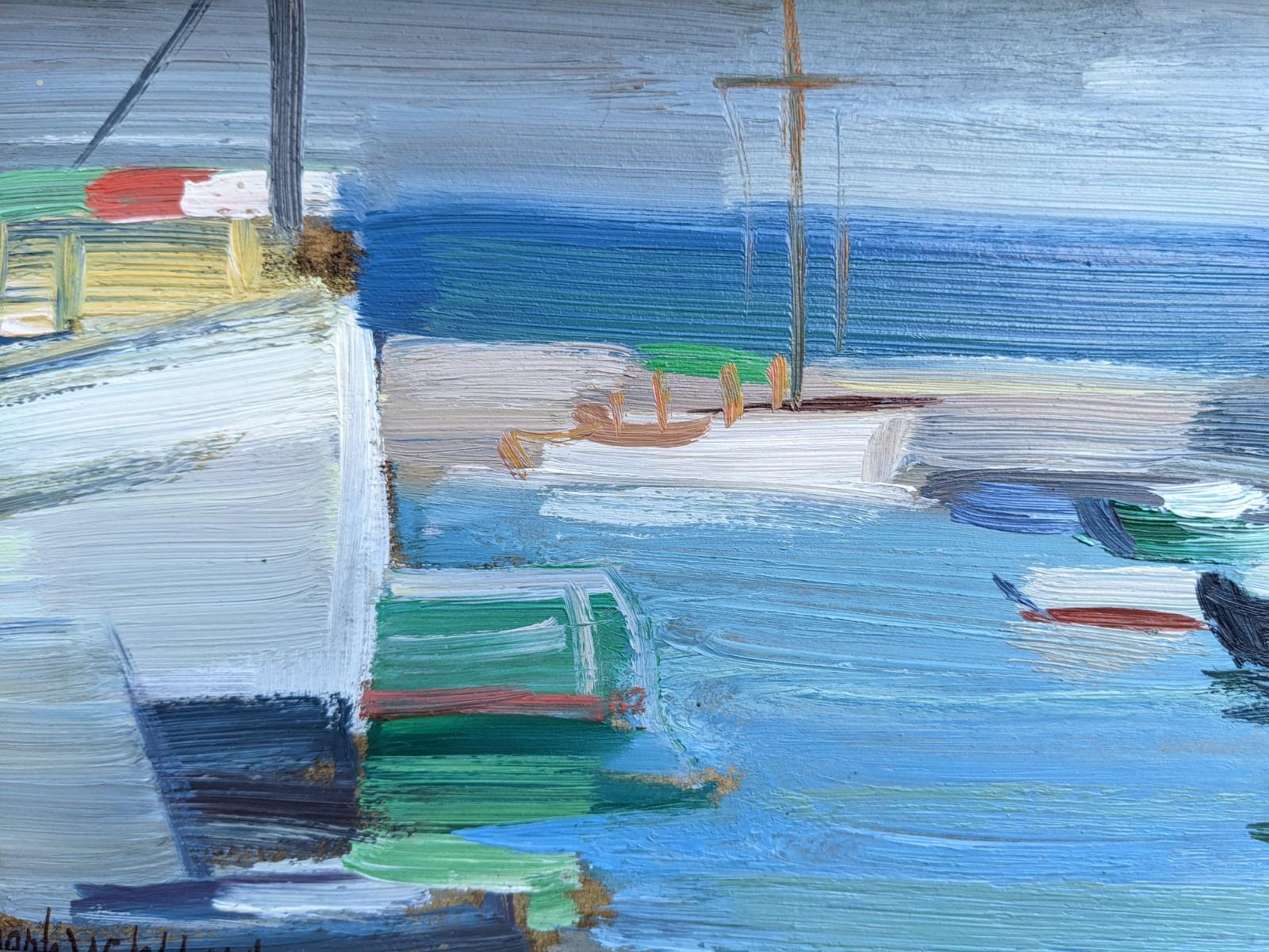 Vintage Modernist Swedish Abstract Seascape Oil Painting - Harbour Boardwalk 1