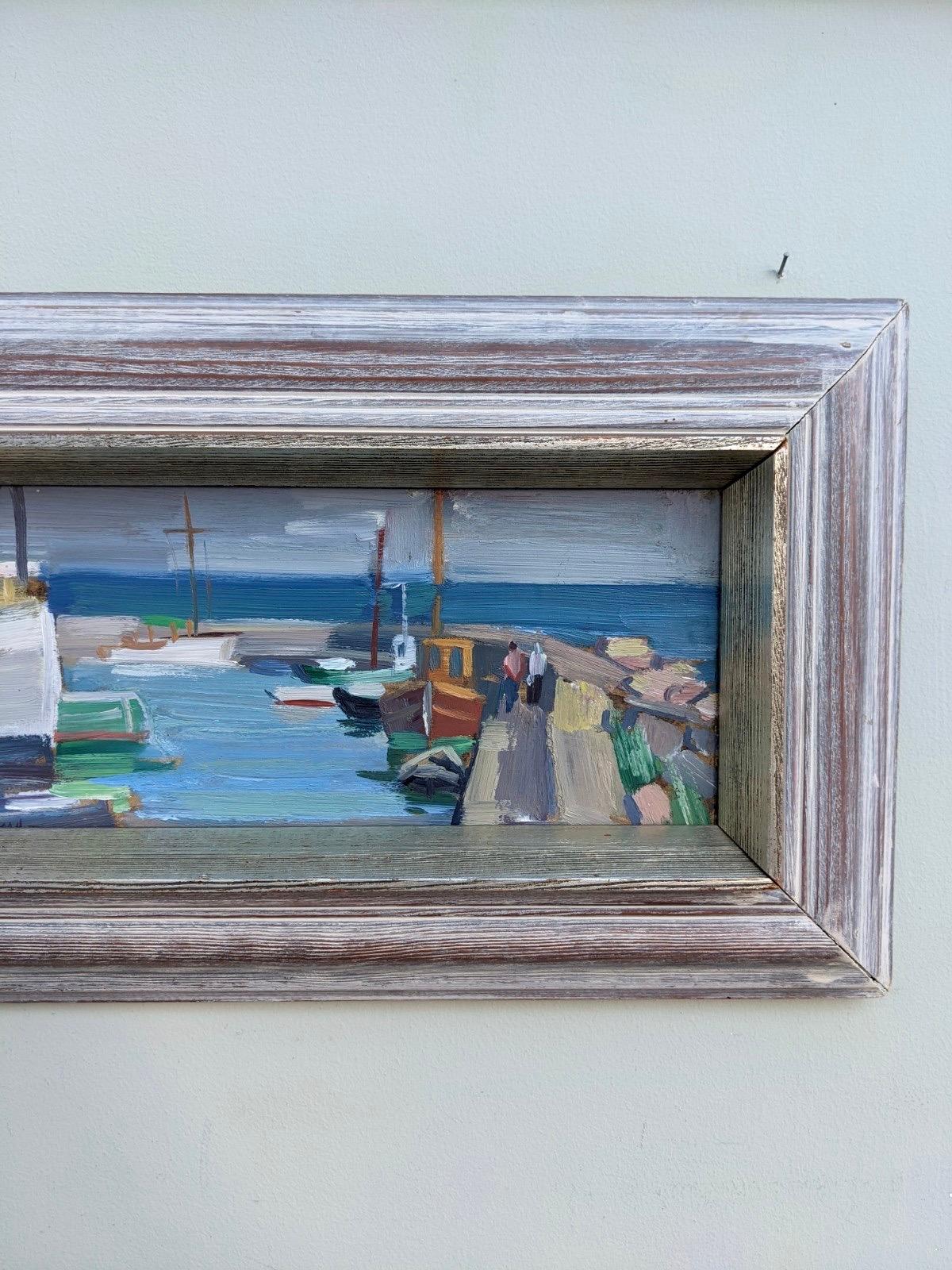 Vintage Modernist Swedish Abstract Seascape Oil Painting - Harbour Boardwalk 3