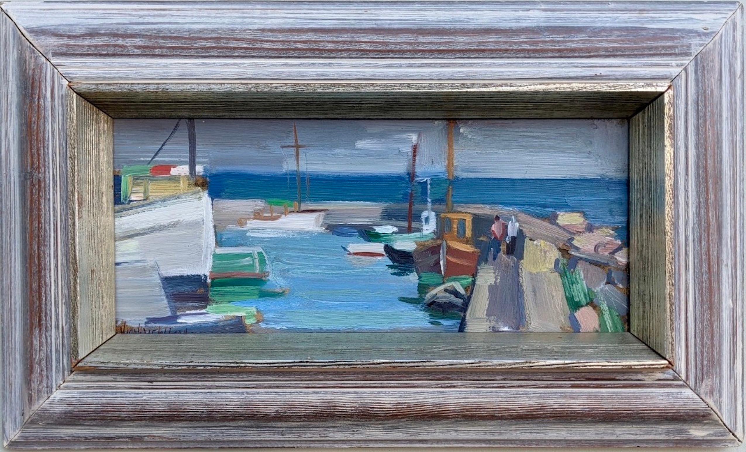 Unknown Landscape Painting - Vintage Modernist Swedish Abstract Seascape Oil Painting - Harbour Boardwalk