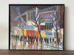 Vintage Modernist Swedish Street Scene Oil Painting "Moulin Rouge", Framed