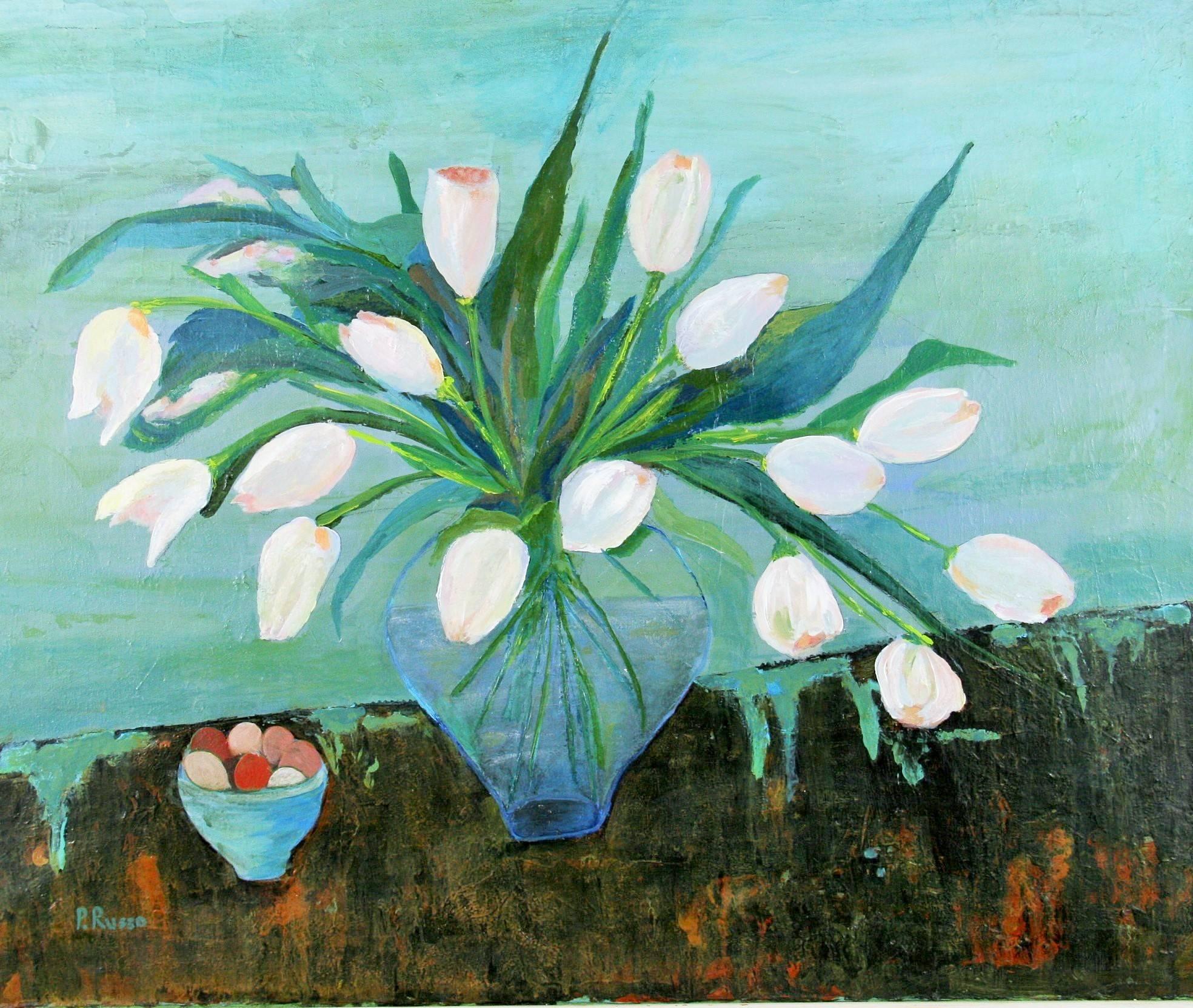 Modernista Vintage   Bodegón de tulipanes blancos de P. Russo - Painting de Unknown