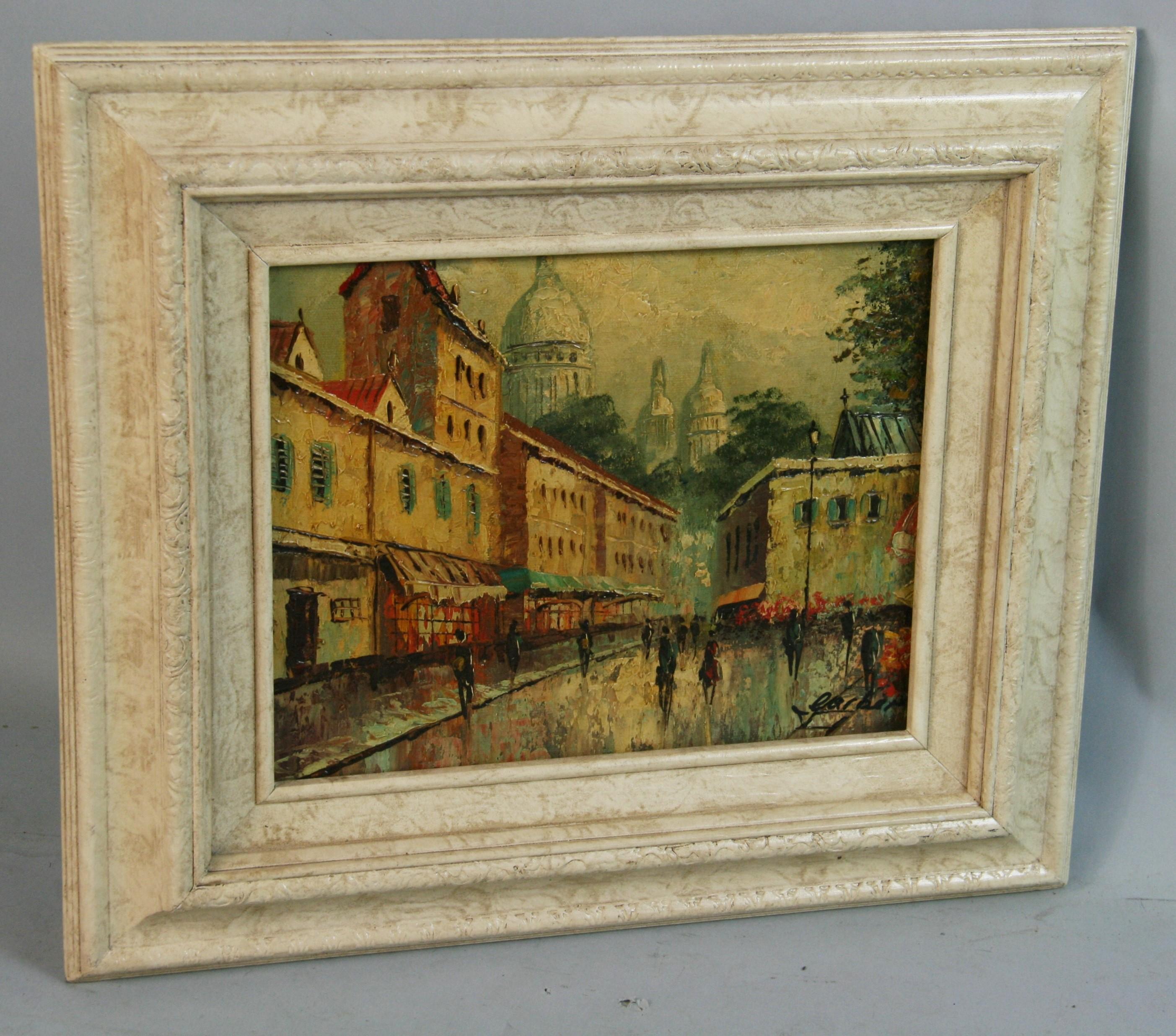5-3253a Oil on canvas od the streets of Paris set in a vintage wood frame
Image size 9.5x8