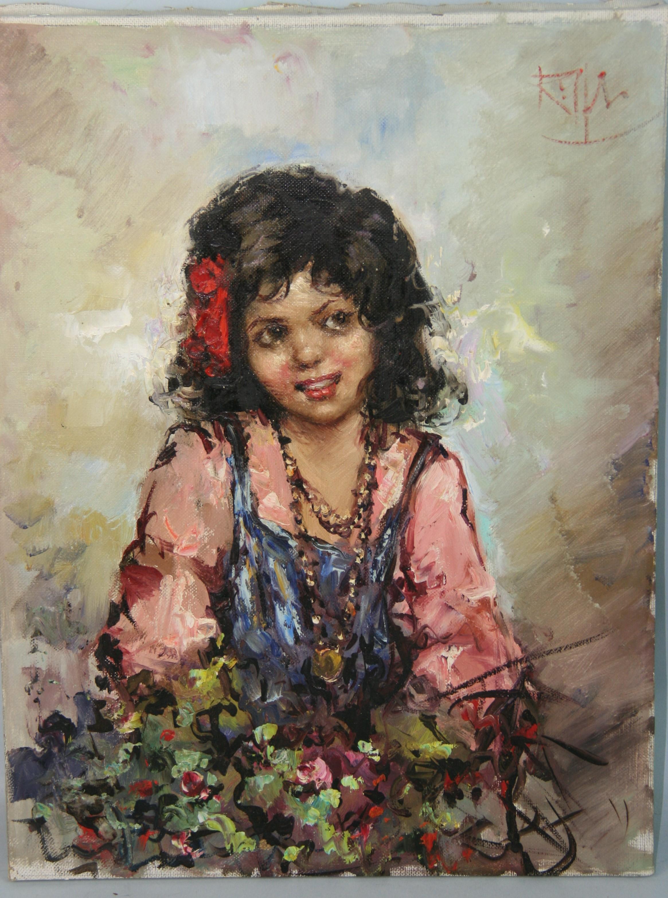 5045 Vintage colorful oil on canvas of a Neapolital girl flower seller.
Unframed
Signed upper right