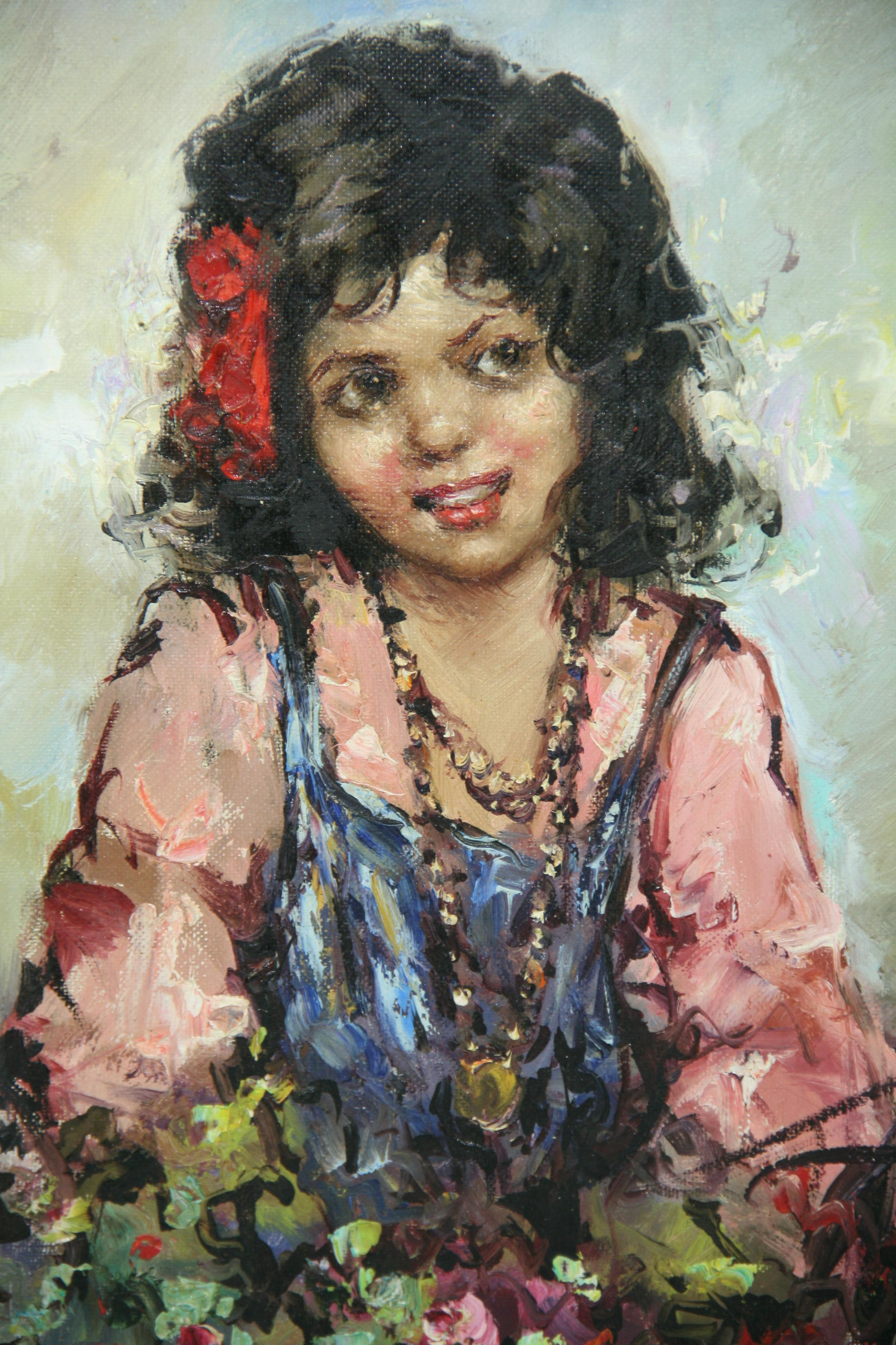 Vintage Neapolitan Girl Flower Seller Oil Painting 1960 For Sale 1