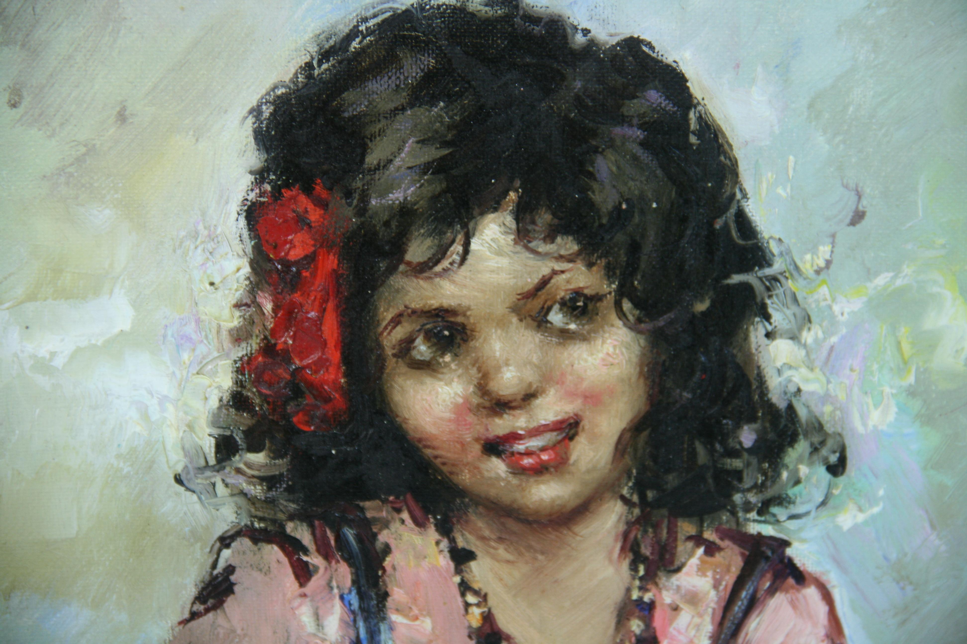 Vintage Neapolitan Girl Flower Seller Oil Painting 1960 For Sale 2