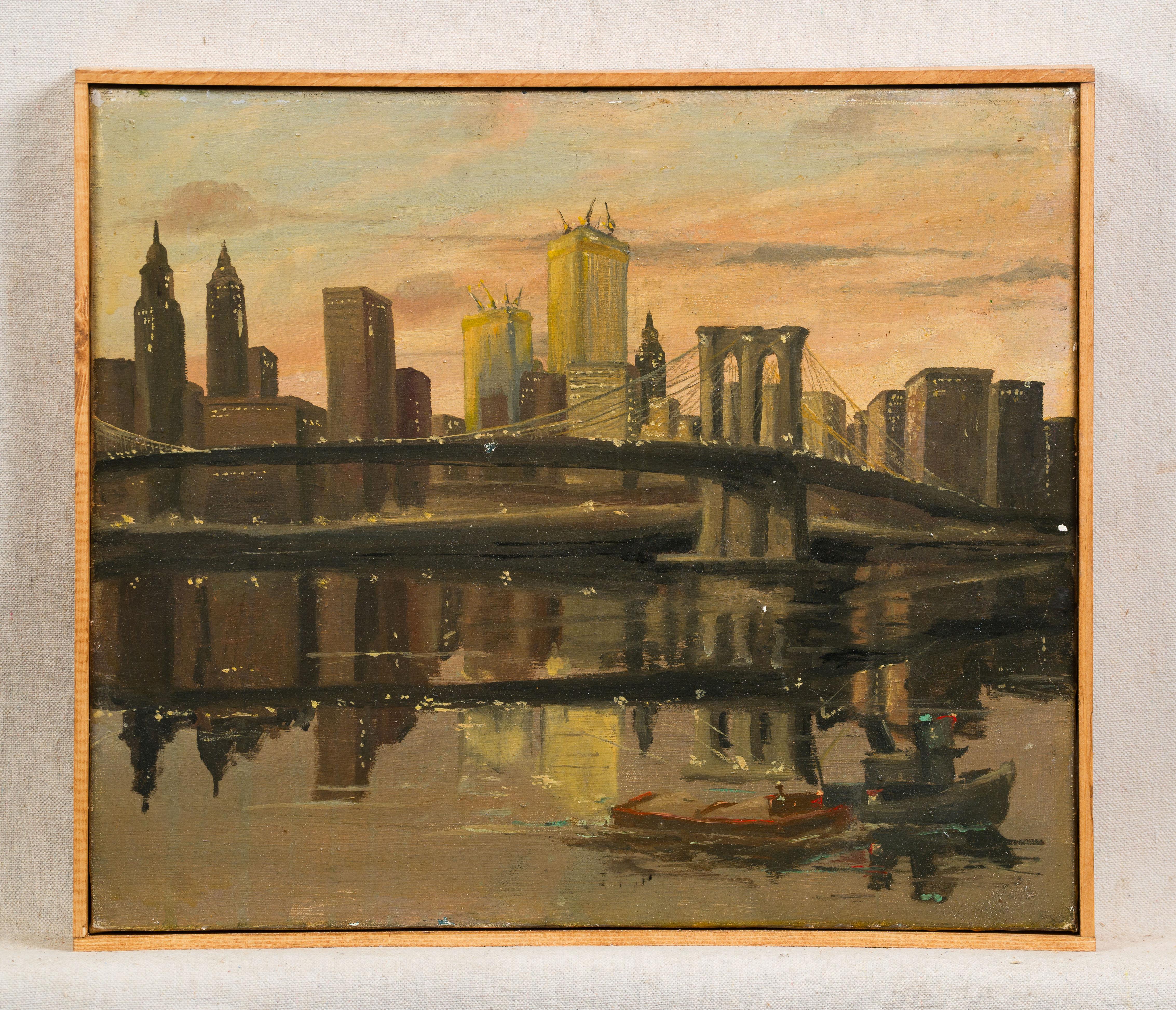 Vintage New York Modernist Cityscape Brooklyn Bridge Dusk Original Oil Painting For Sale 1