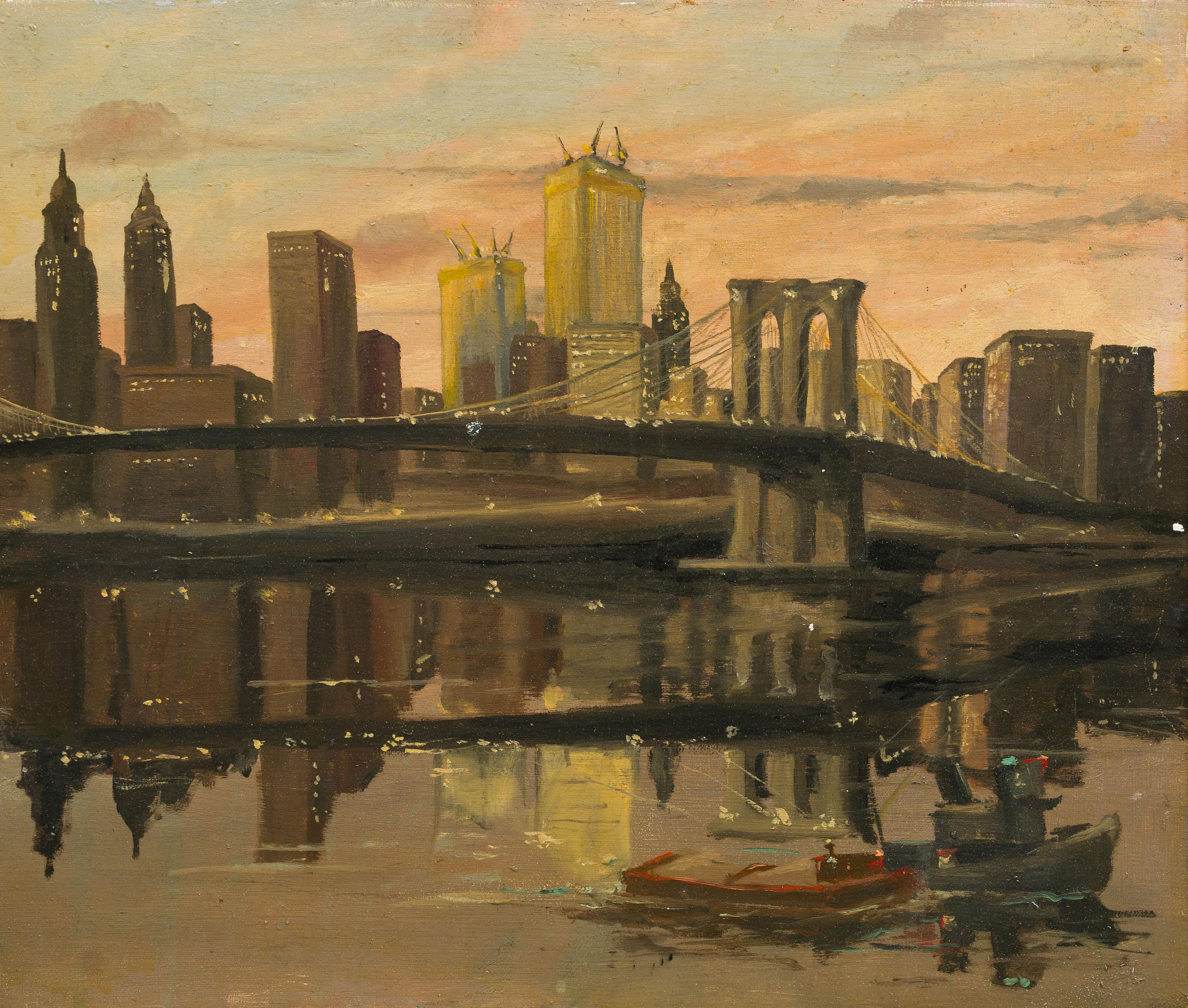 Vintage New York Modernist Cityscape Brooklyn Bridge Dusk Original Oil Painting For Sale 2
