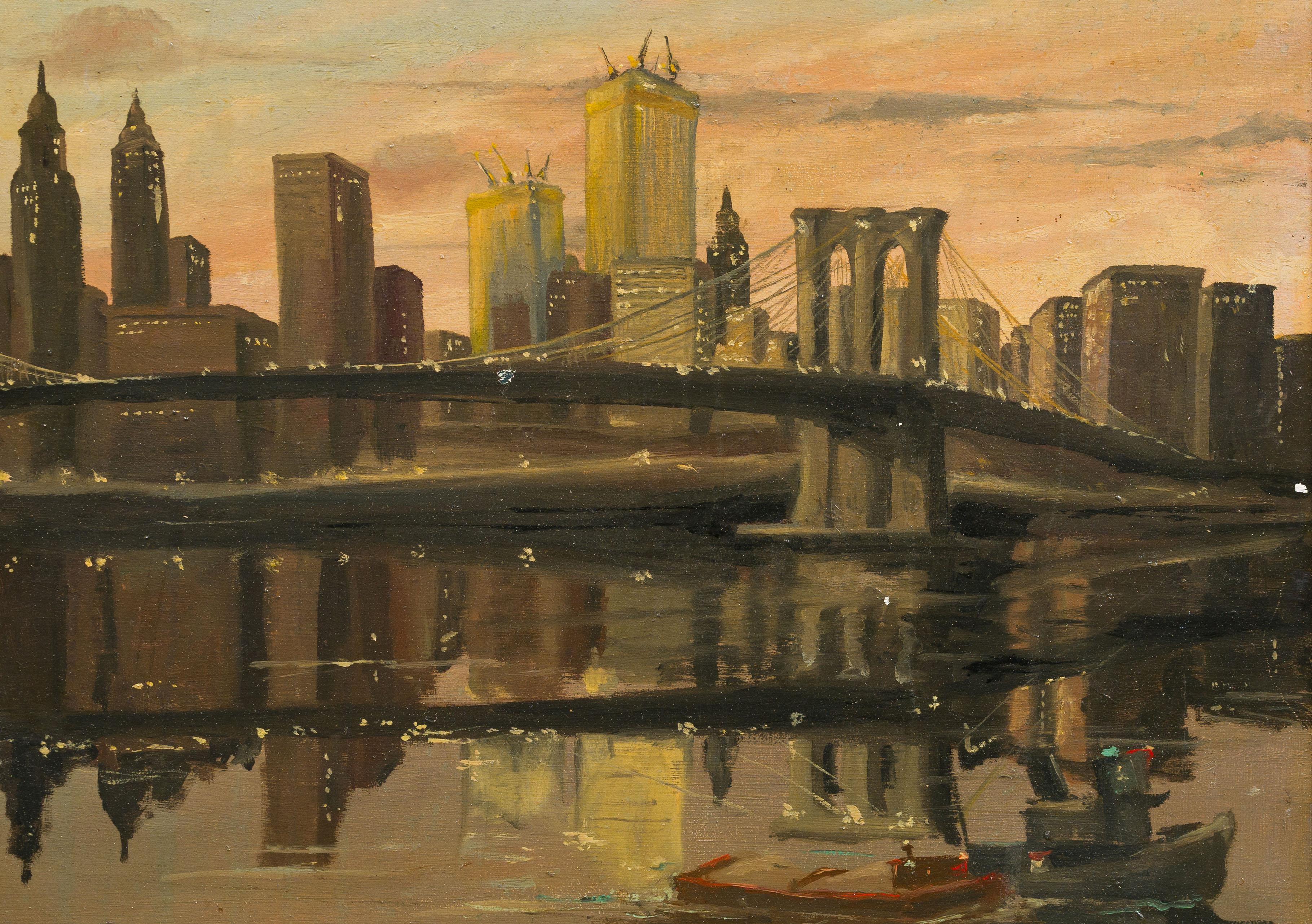 Vintage New York Modernist Cityscape Brooklyn Bridge Dusk Original Oil Painting For Sale 3
