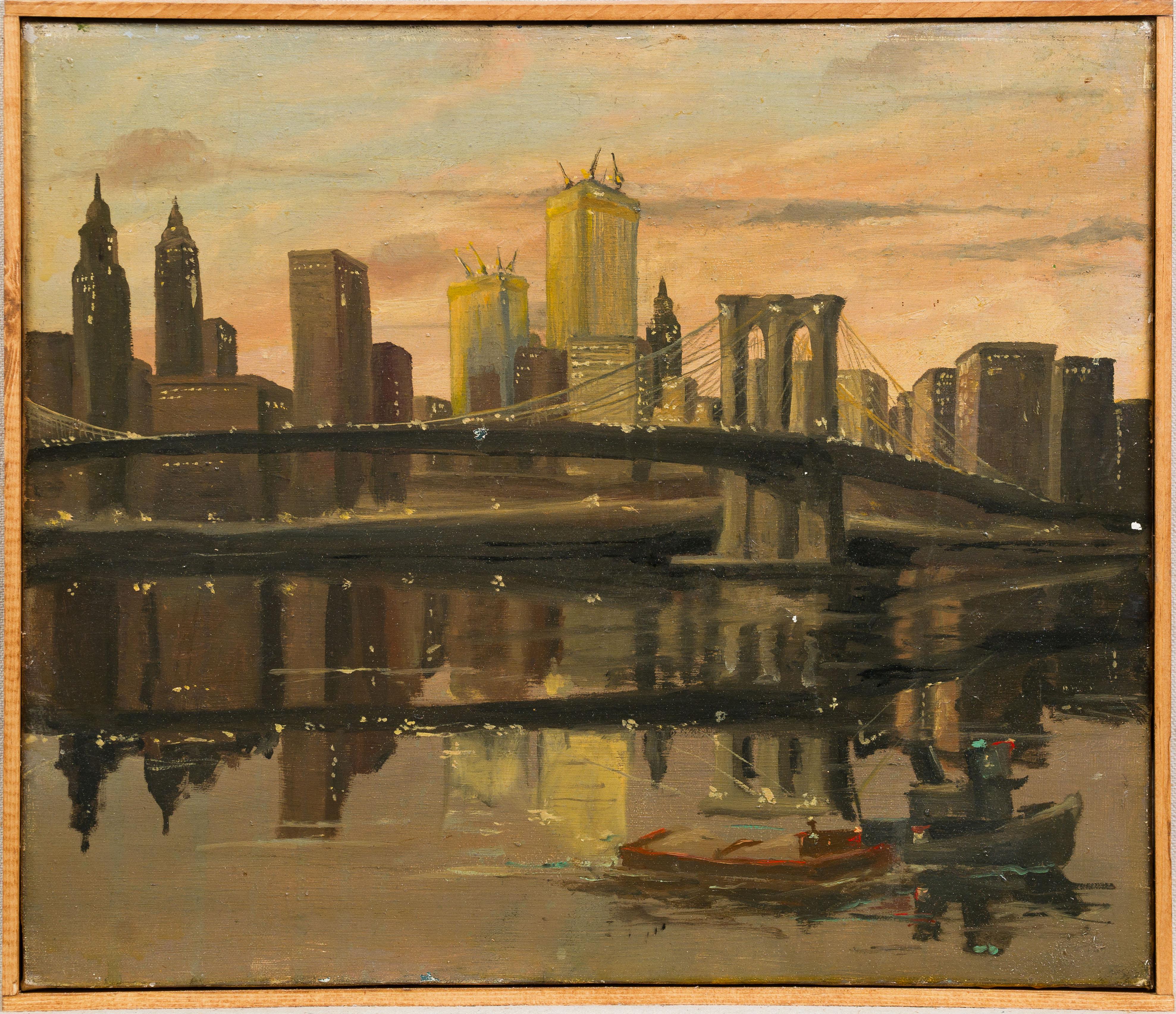Abstract Painting de Unknown - Vintage Nueva York Modernista Paisaje urbano Puente de Brooklyn Atardecer Pintura al óleo original
