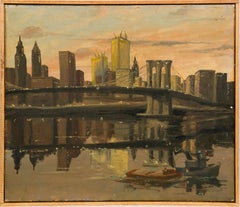 Vintage Nueva York Modernista Paisaje urbano Puente de Brooklyn Atardecer Pintura al óleo original