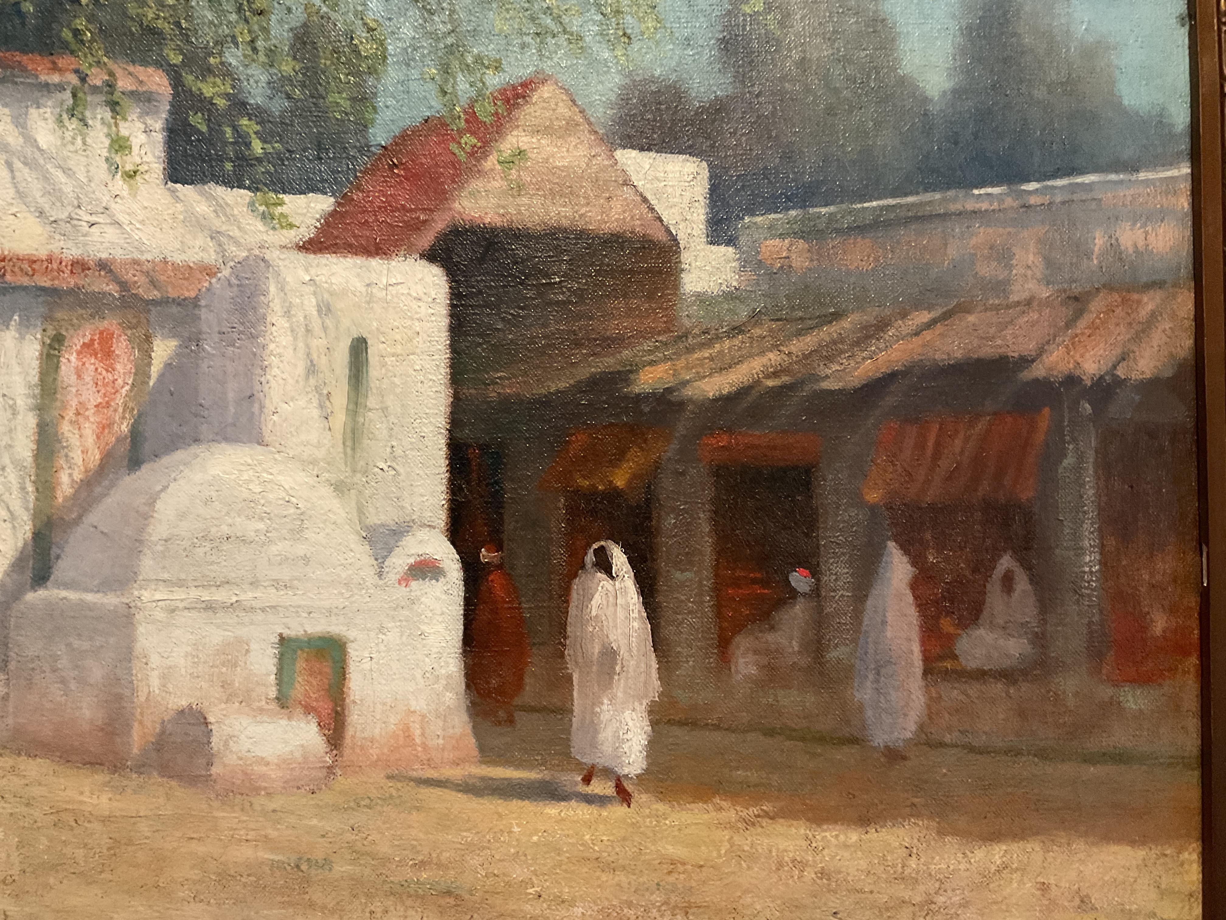 Vintage North African Market Oil on Canvas, ca 1930’s - Post-Impressionist Painting by Unknown