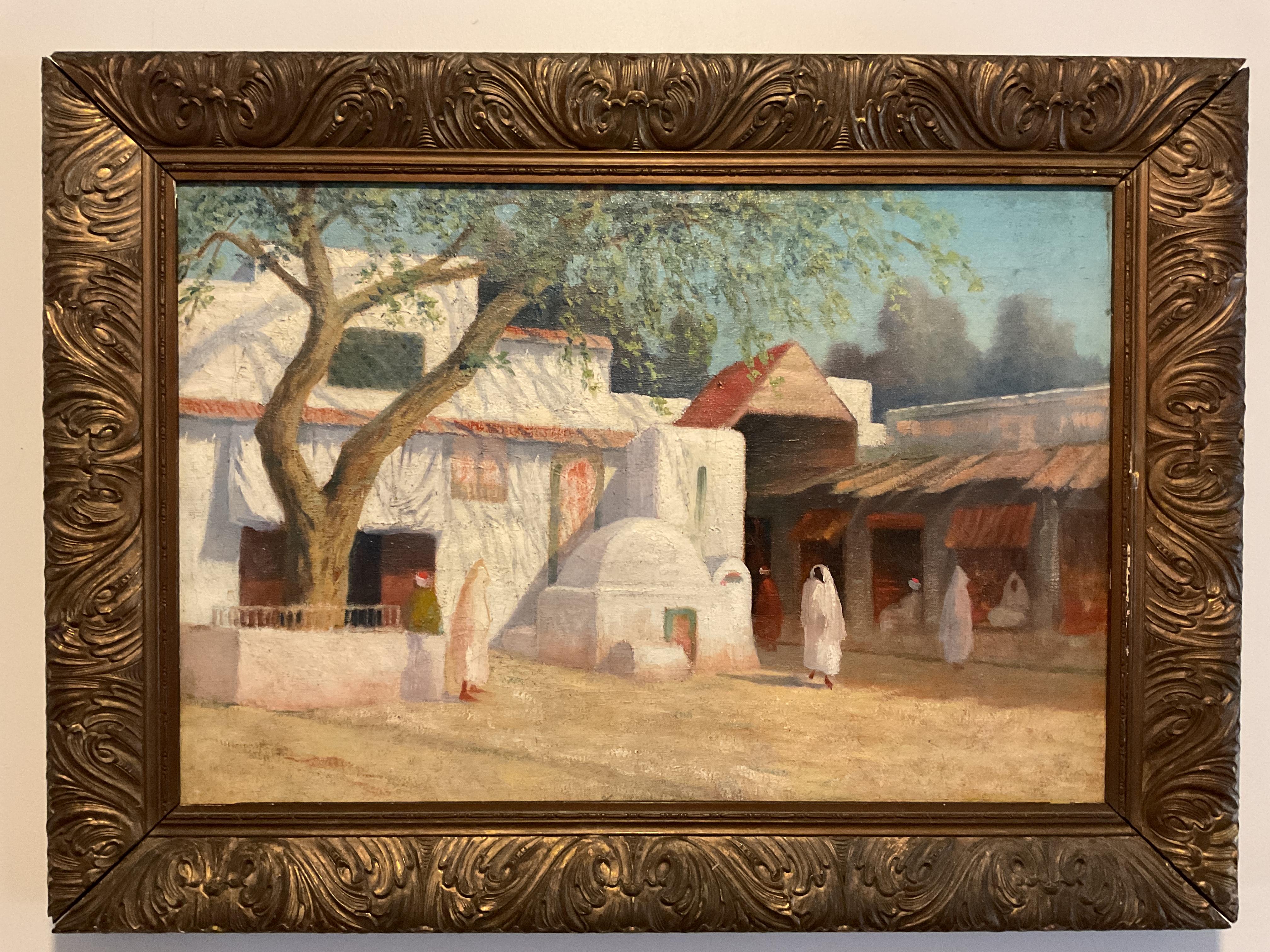 Unknown Landscape Painting - Vintage North African Market Oil on Canvas, ca 1930’s