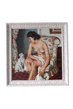 Vintage nude oil painting post impressionist painting of a nude and dog
