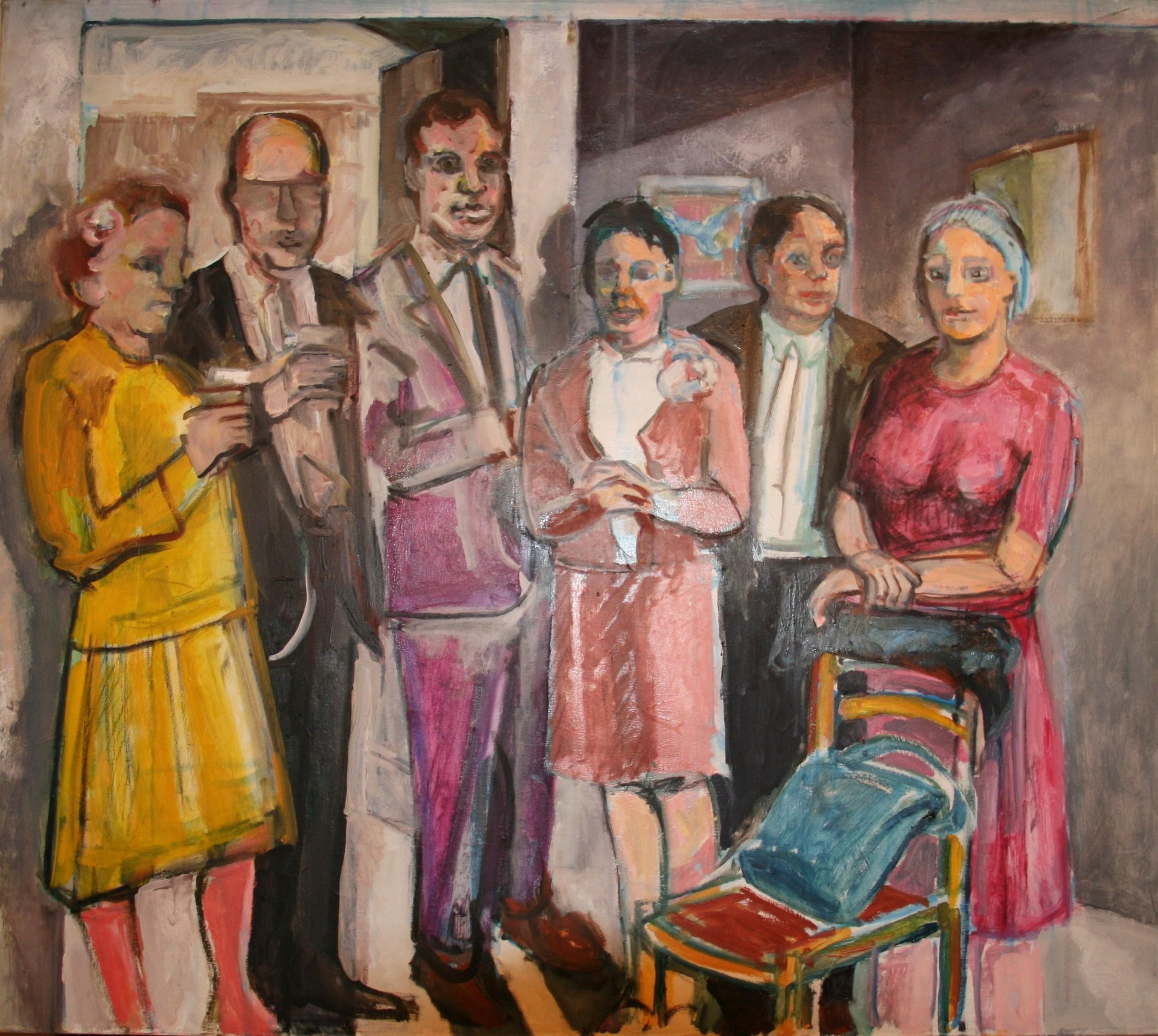 Vintage NYC Cocktail Party Oil Painting, Oversized, Signed, 1960s