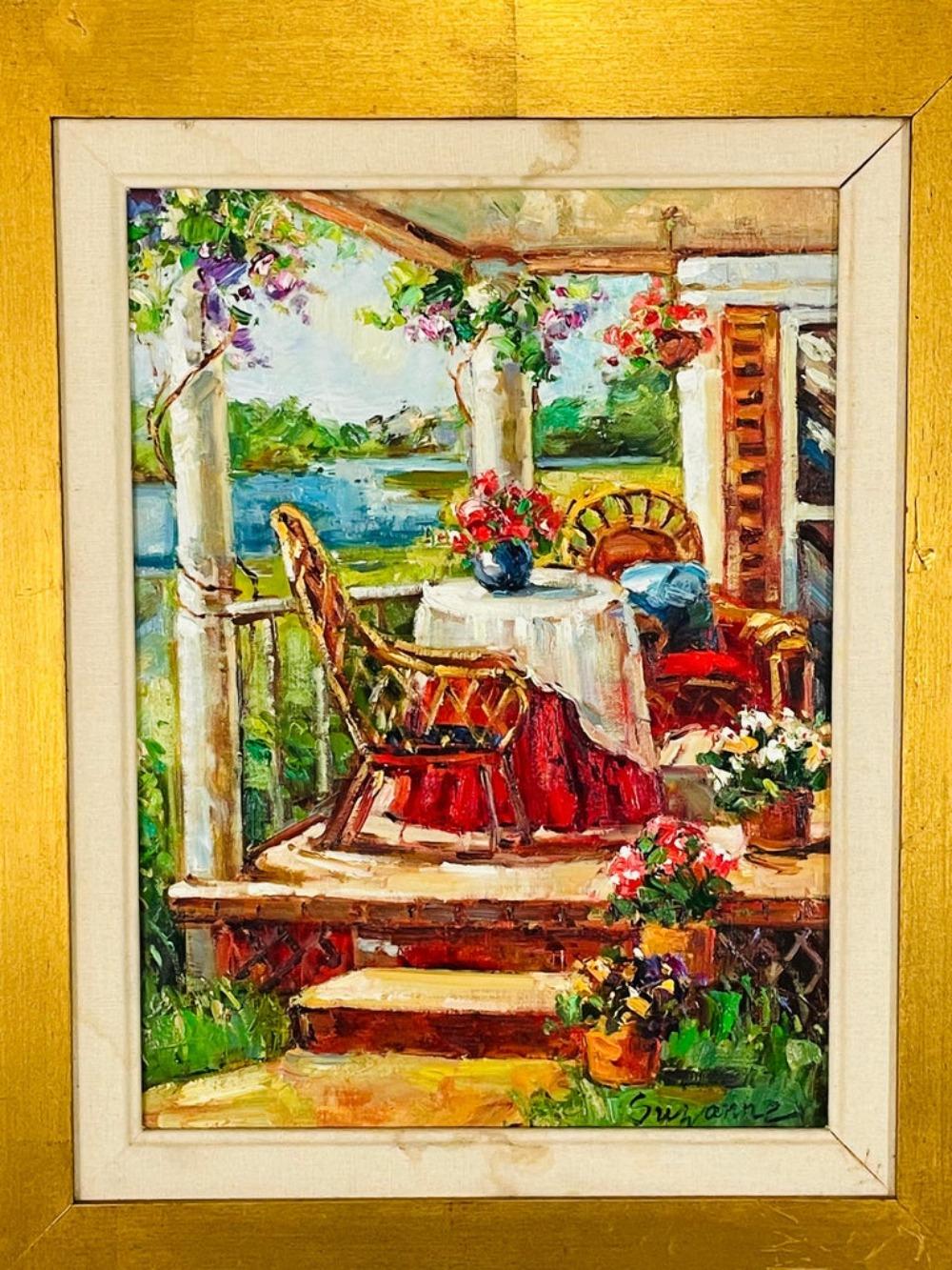 Ein wunderschönes Ölgemälde auf Leinwand aus den 1980er Jahren, das die Veranda eines Hauses zeigt. Das Gemälde zeigt den Blick auf ein elegantes Landhaus-Deck, das fehlt. Dieses schöne Gemälde ist fein in einem vergoldeten benutzerdefinierten