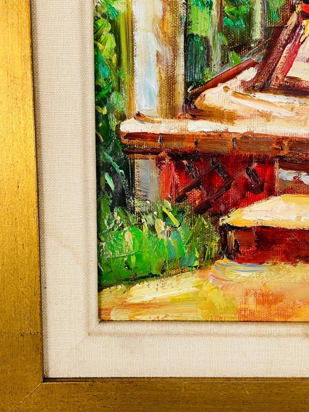 Vintage Oil on Canvas Painting of a Home Porch Signed by Artist in Gilt Frame For Sale 5