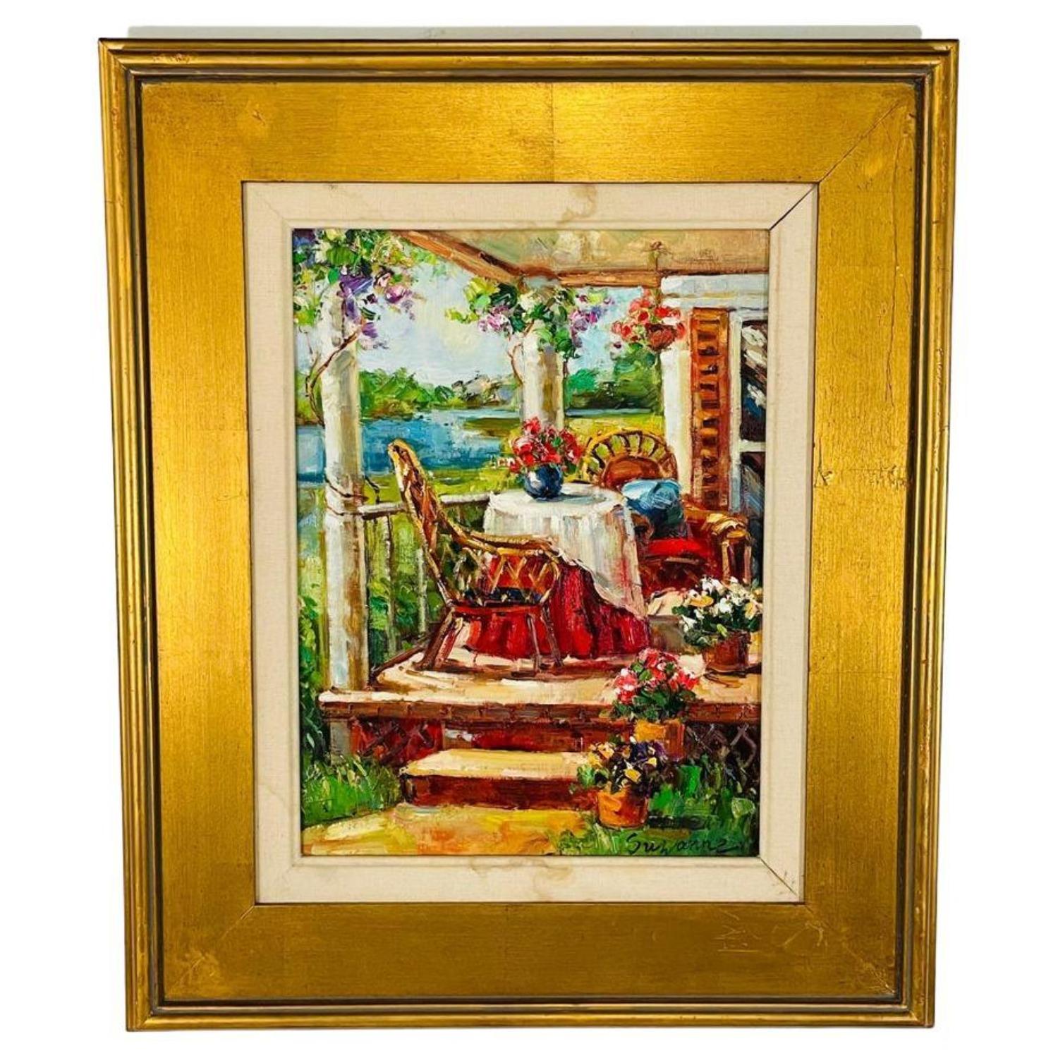 Unknown Landscape Painting - Vintage Oil on Canvas Painting of a Home Porch Signed by Artist in Gilt Frame
