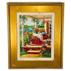 Peinture à l'huile sur toile vintage d'un porche de maison signée par l'artiste dans un cadre doré