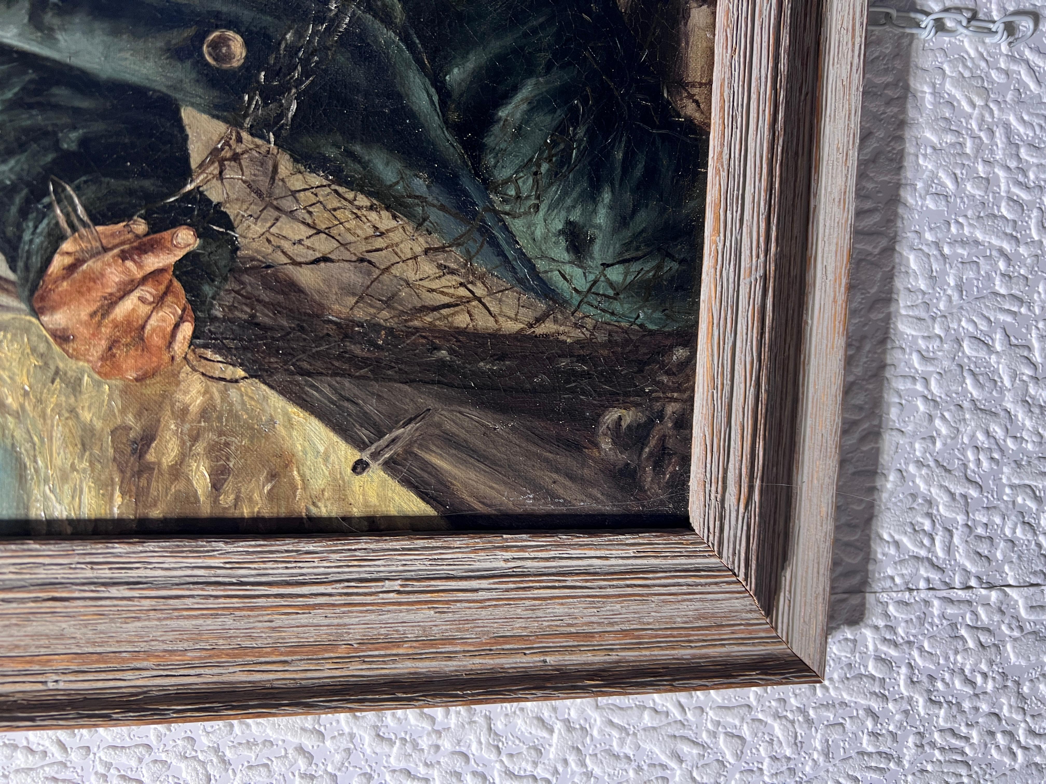 Ölgemälde auf Leinwand, Vintage, Porträt eines Fischers, gerahmt, unsigniert (Impressionismus), Painting, von Unknown