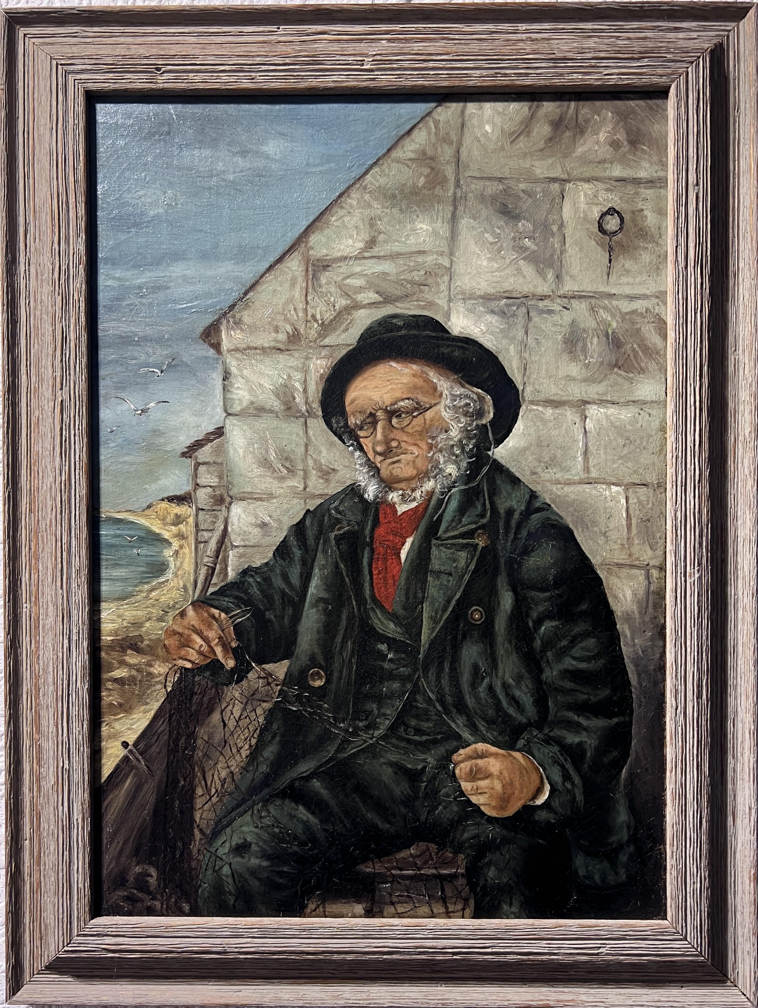 Unknown Portrait Painting – Ölgemälde auf Leinwand, Vintage, Porträt eines Fischers, gerahmt, unsigniert