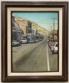 Peinture à l'huile vintage California Sierra Foothills Town par D. Grech, vers 1997