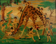 Vintage Ölgemälde " Kinder rutschen hinunter  Ein Giraffen" 1956