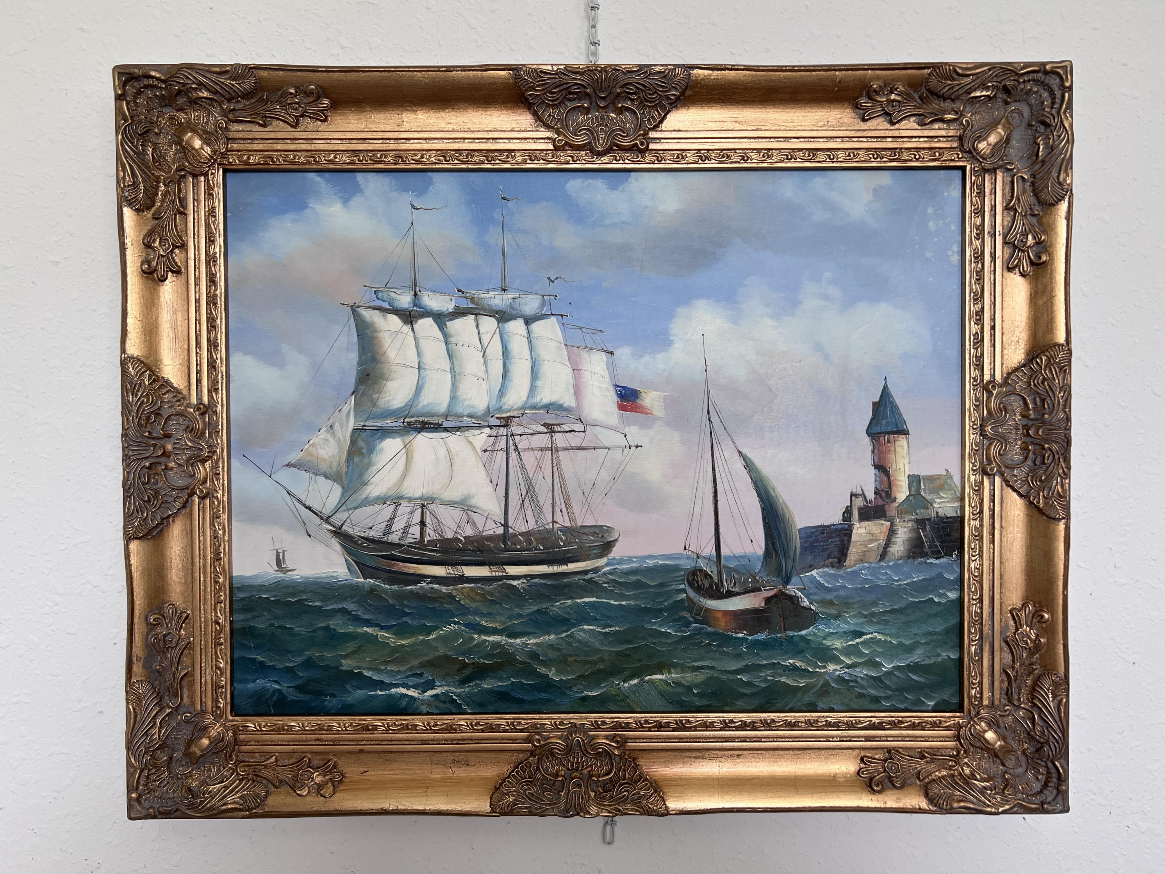 Vintage Oil Painting Clipper Ship American Flag Nautical Maritime Seascape - Gray Landscape Painting by Unknown