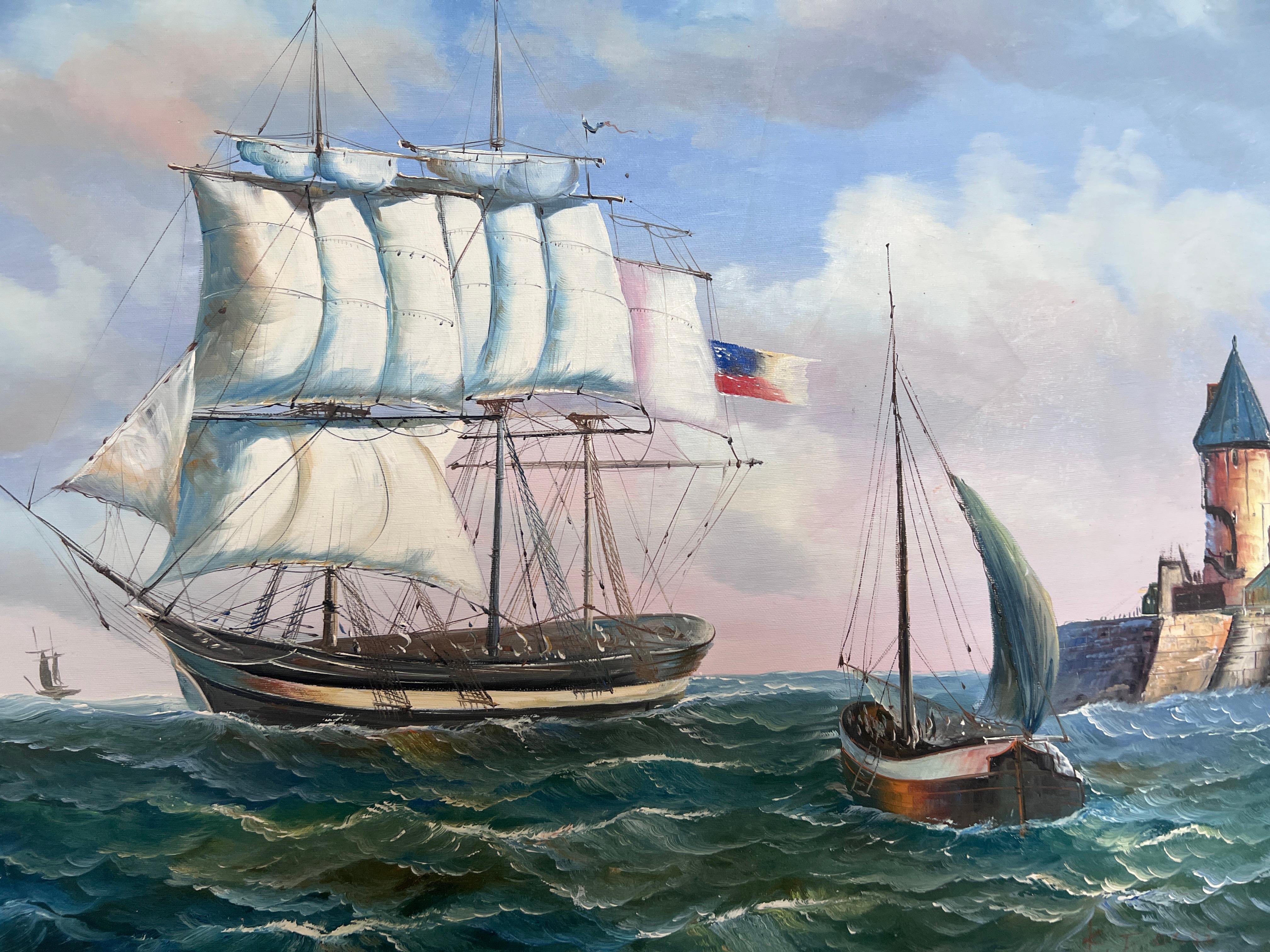 This original vintage oil painting on canvas features a majestic three-masted clipper ship with full sails and an American flag, entering a fortified harbor. A smaller sailboat glides nearby toward a stone tower and castle-like structure, enhancing