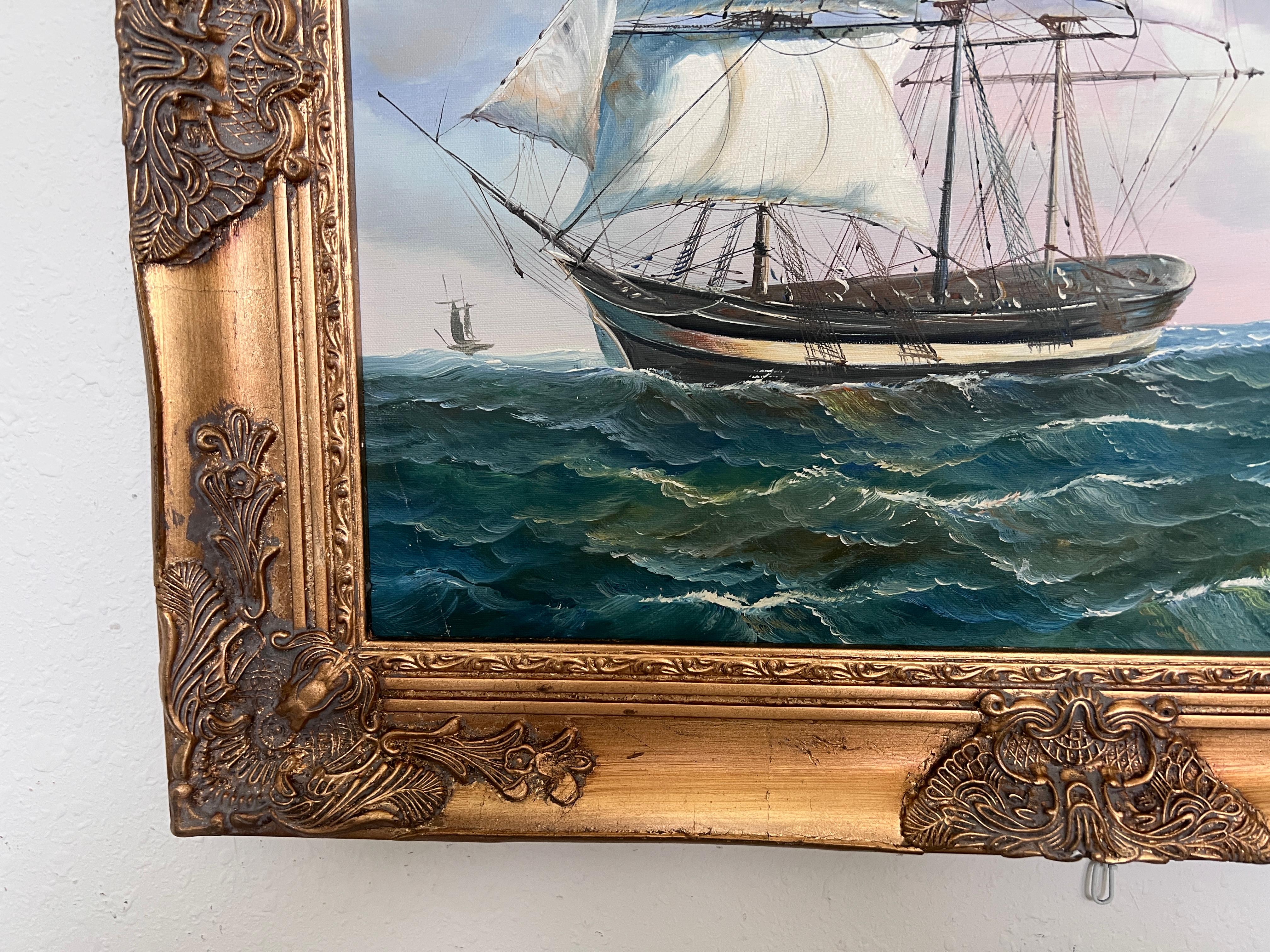Vintage Oil Painting Clipper Ship American Flag Nautical Maritime Seascape For Sale 1