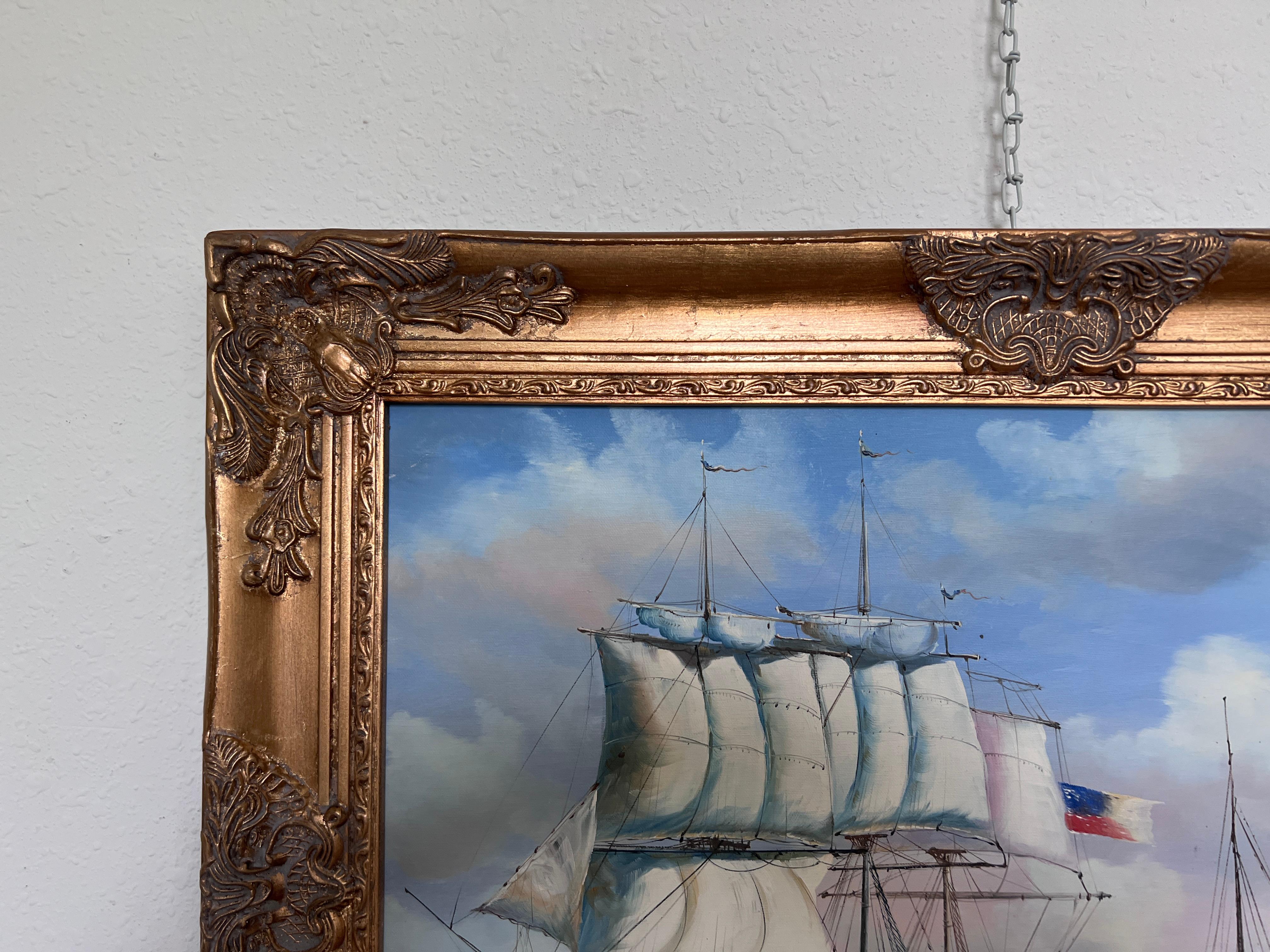Vintage Oil Painting Clipper Ship American Flag Nautical Maritime Seascape For Sale 2