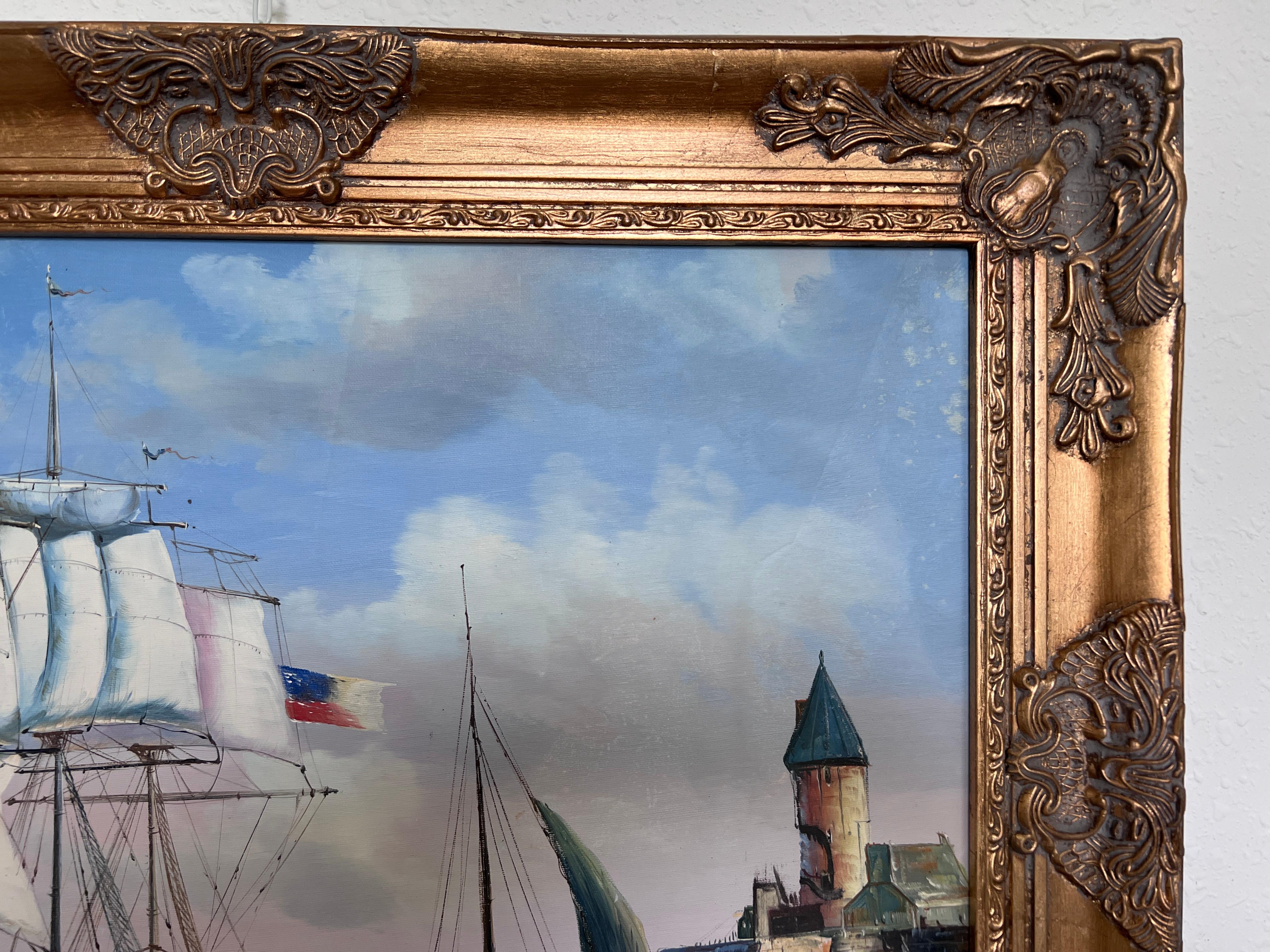 Vintage Oil Painting Clipper Ship American Flag Nautical Maritime Seascape For Sale 3