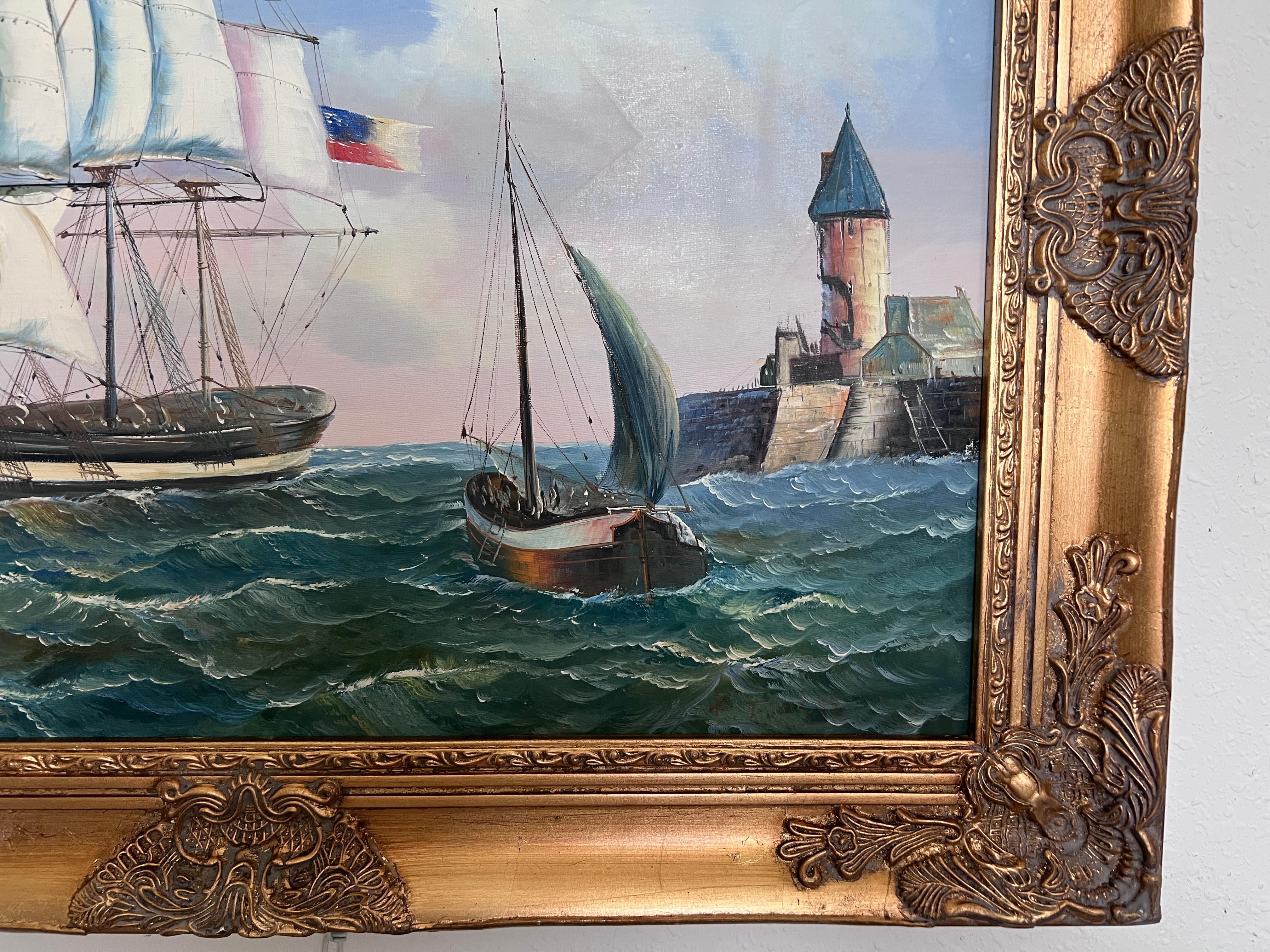 Vintage Oil Painting Clipper Ship American Flag Nautical Maritime Seascape For Sale 4