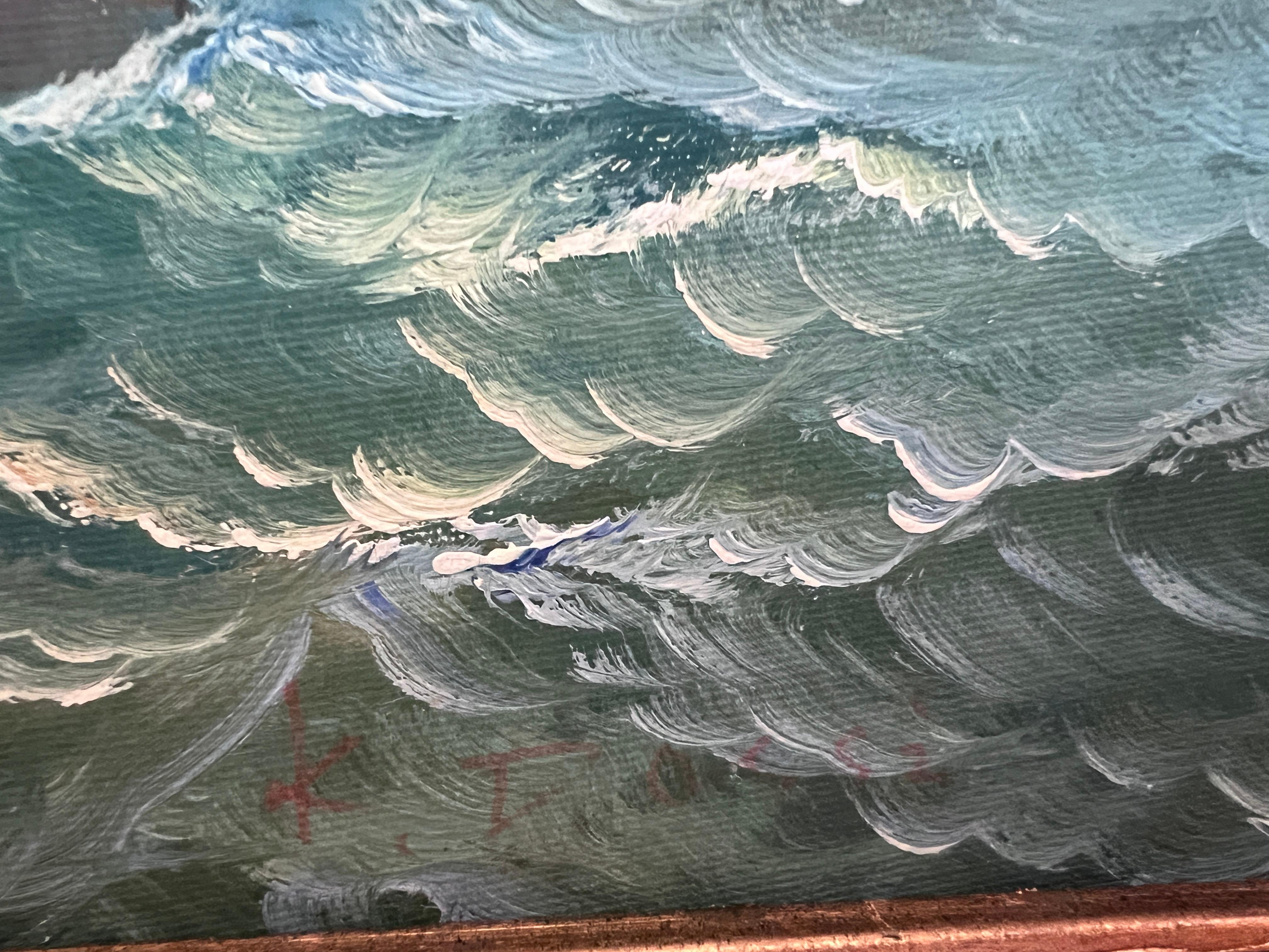 Vintage Oil Painting Clipper Ship American Flag Nautical Maritime Seascape For Sale 5
