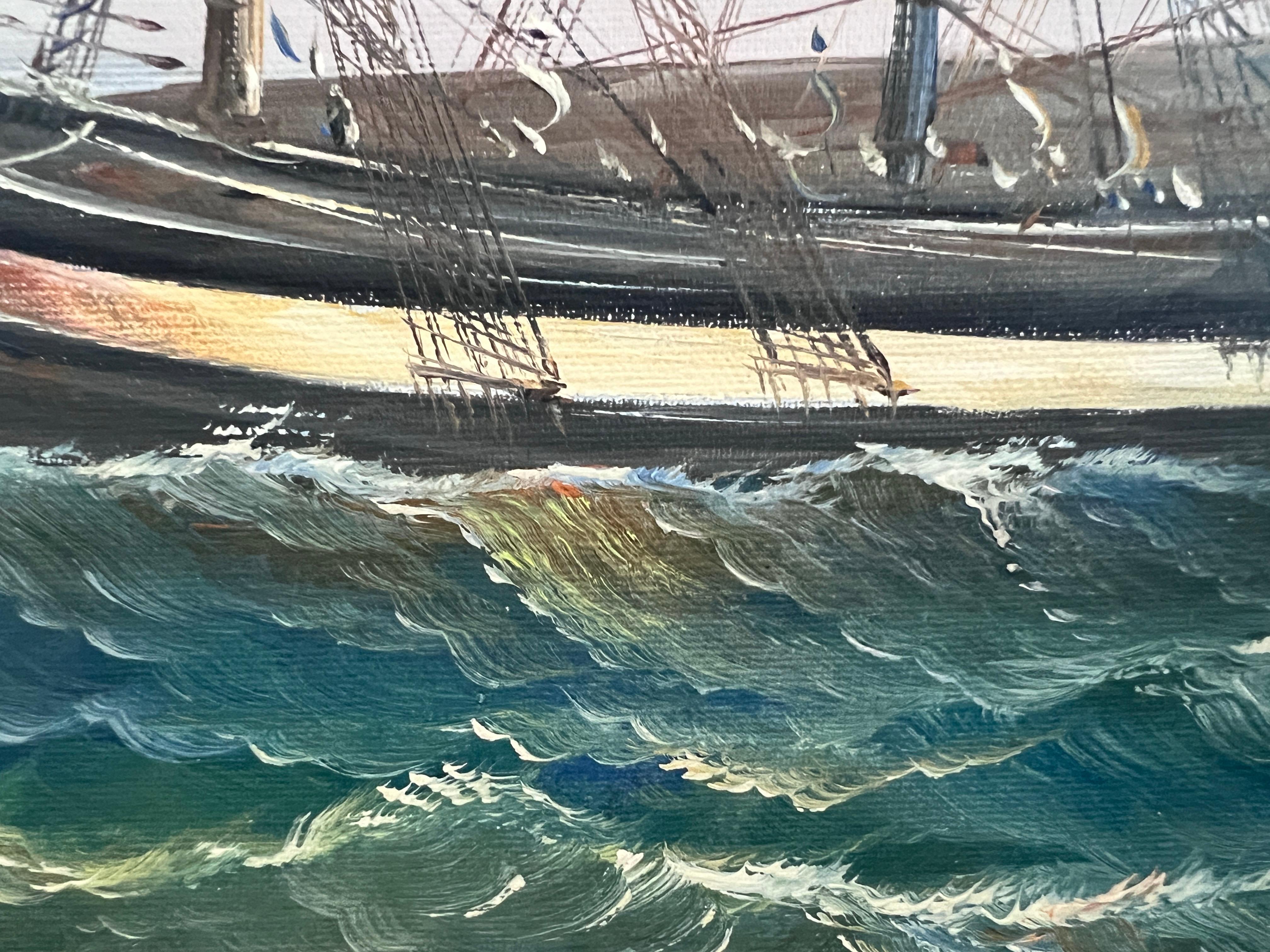 Vintage Oil Painting Clipper Ship American Flag Nautical Maritime Seascape For Sale 6