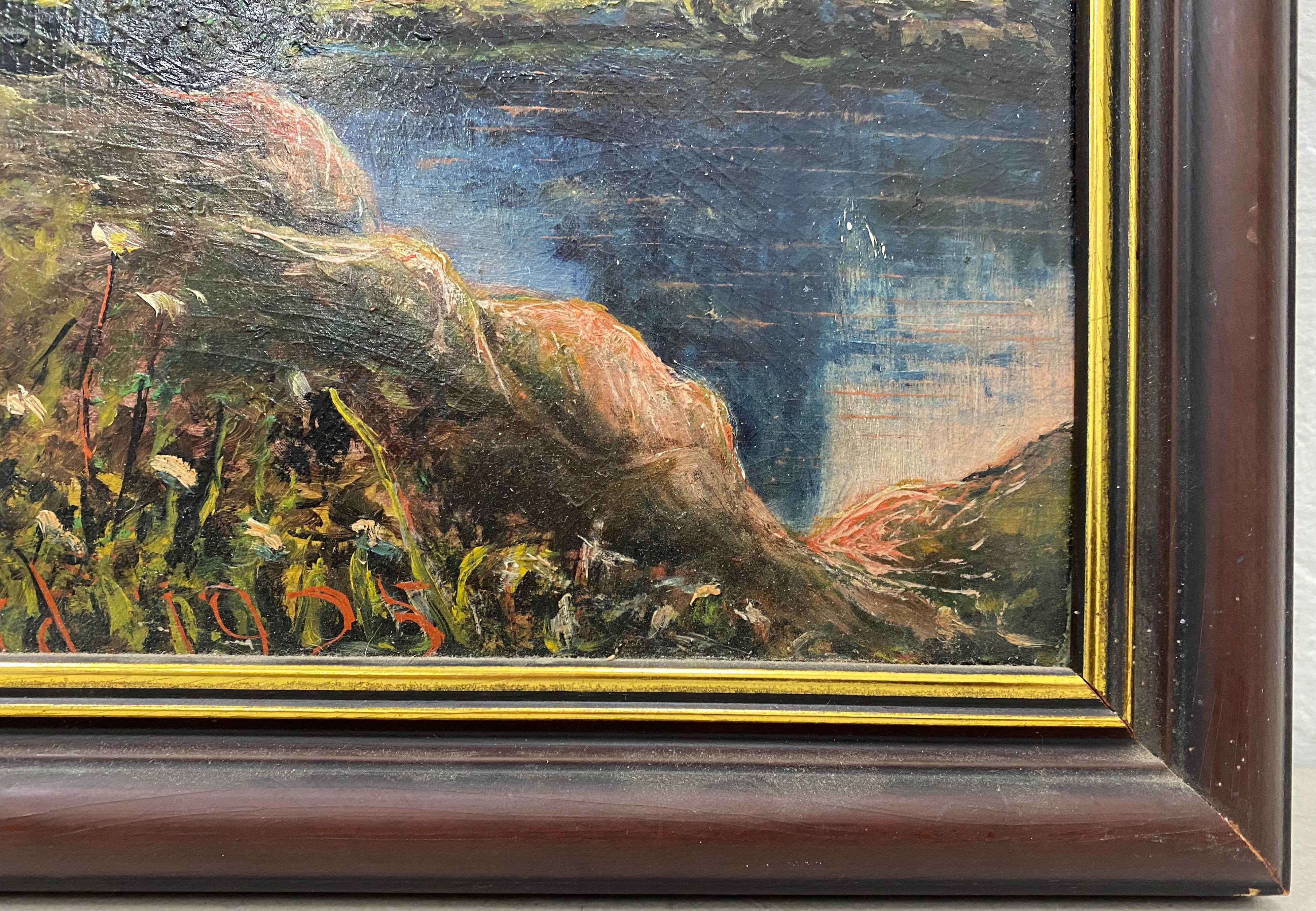 Pittura a olio d'epoca Paesaggio montano luminoso di F.A. Millard, 1925 circa - Landscape Painting Nero di Unknown